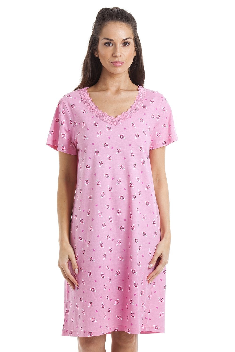 Pink Floral And Heart Print Light Pink Cotton Nightdress