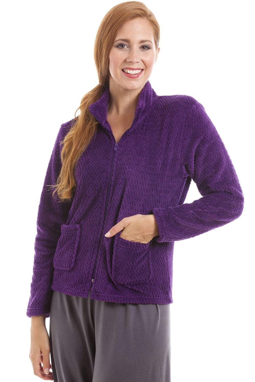 Womens Zip Front Soft Textured Fleece Bed Jackets