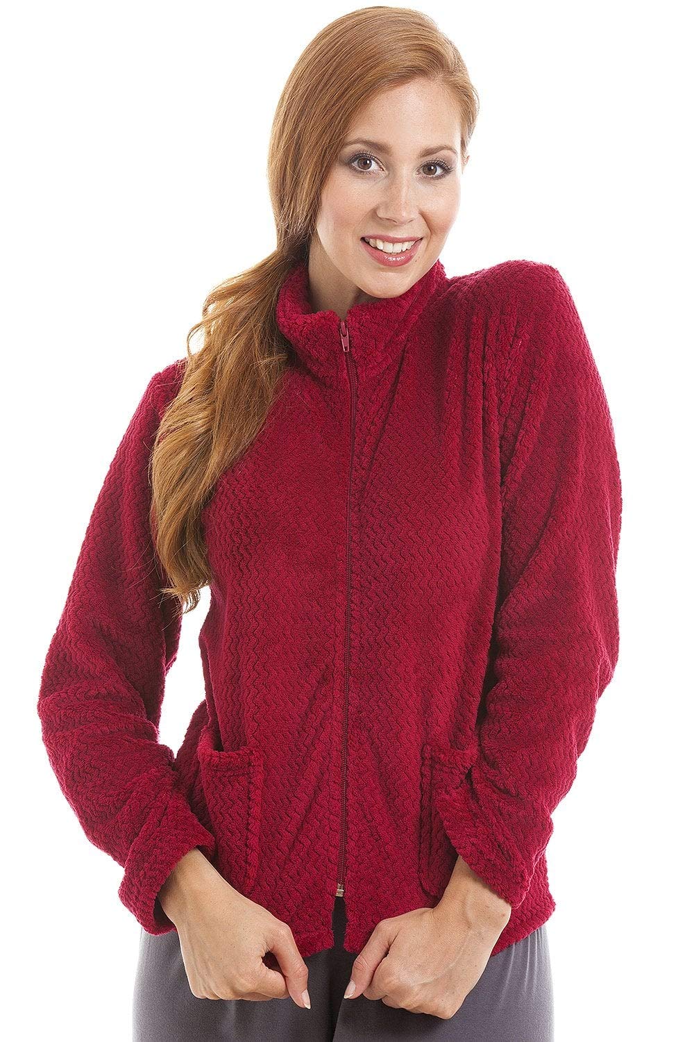 Womens Zip Front Soft Textured Fleece Bed Jackets