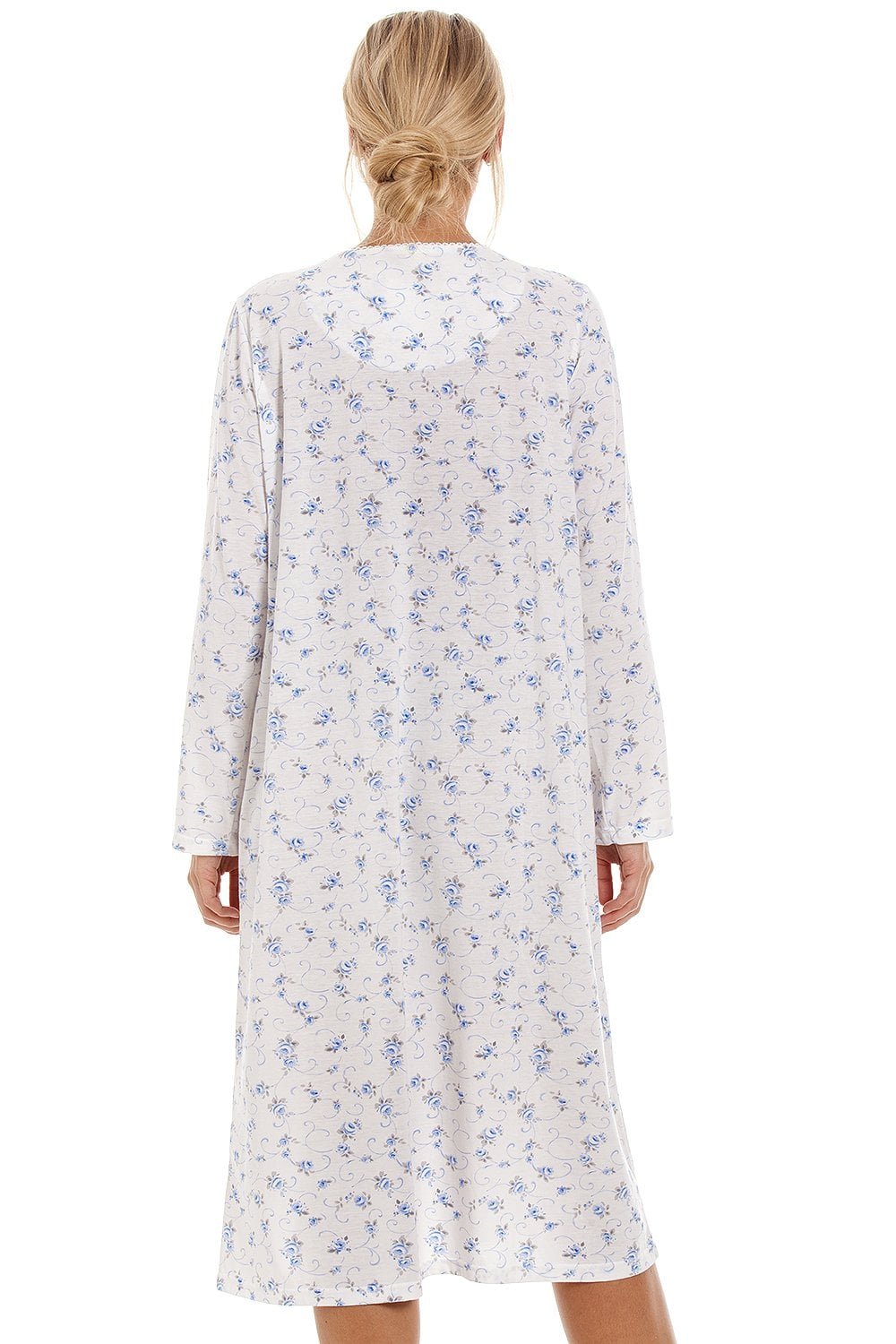 Womens Blue Rose Print Long Sleeve Nightdress