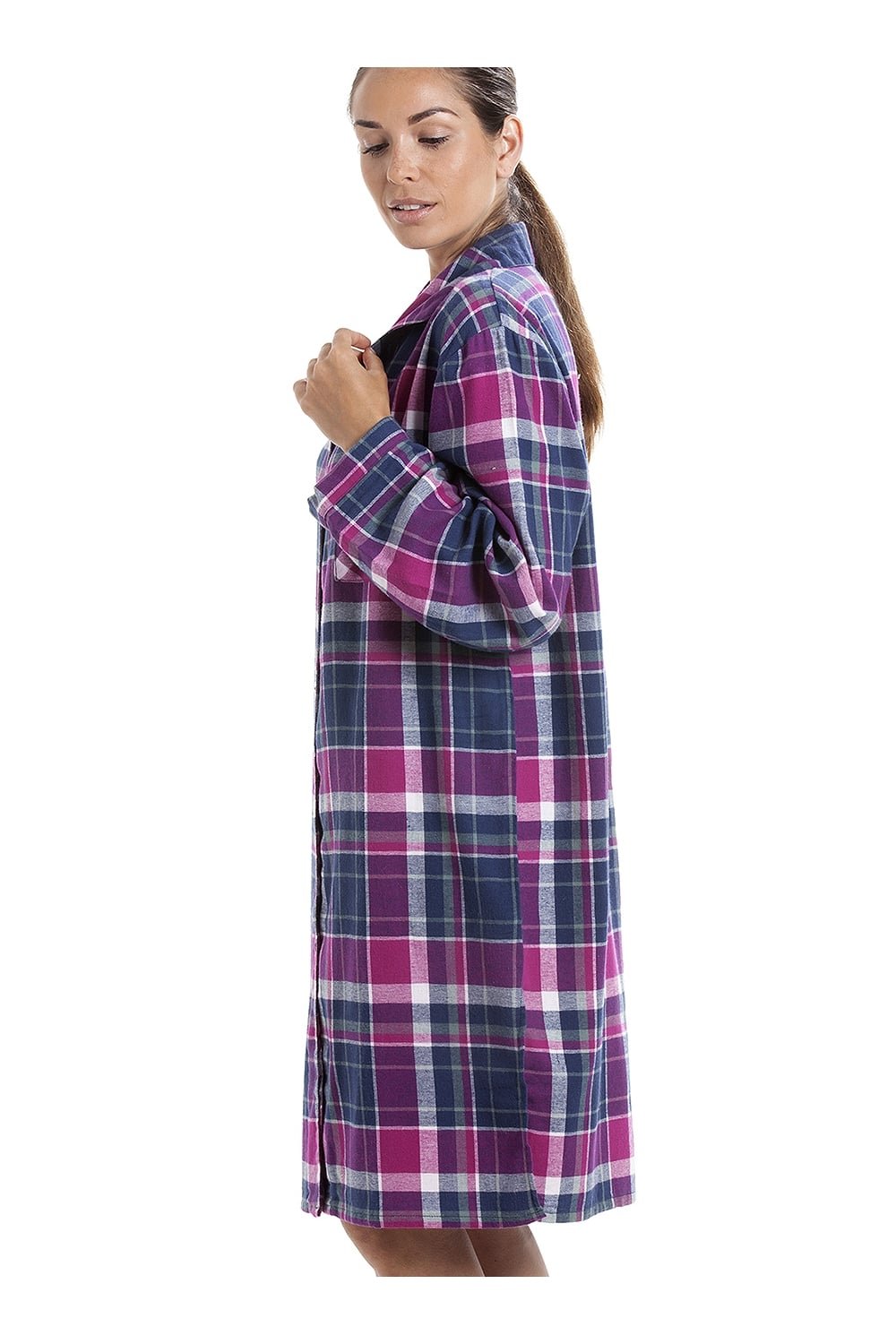 Navy Checkered Long Sleeve Button Front Nightshirt