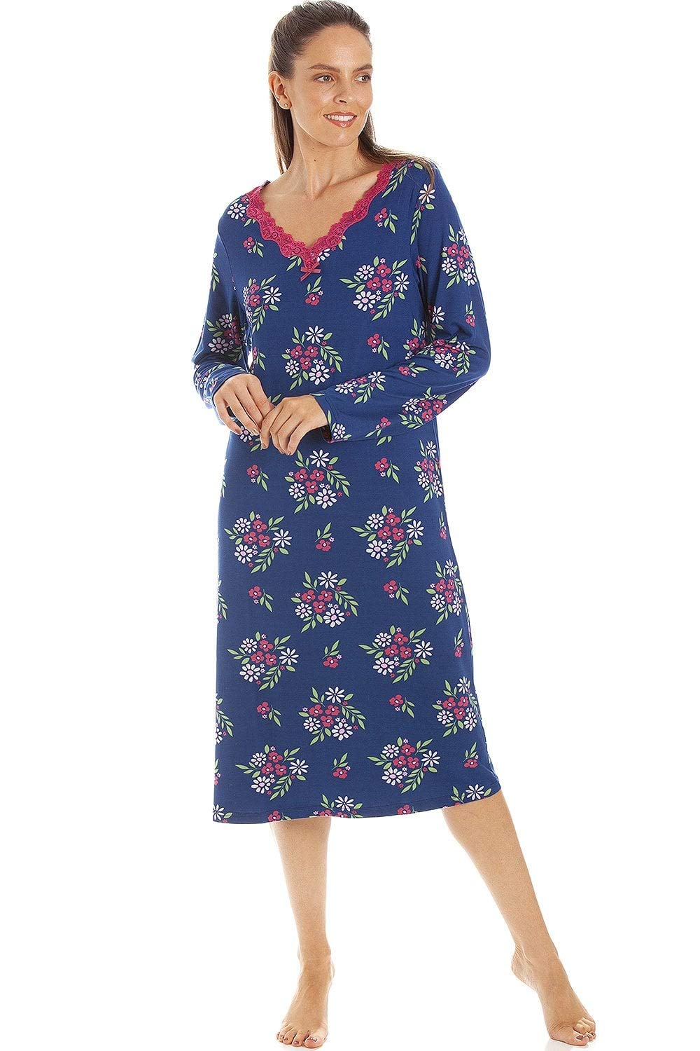 Womens Floral Print Spandex Knee Length Long Sleeve Nightdresses
