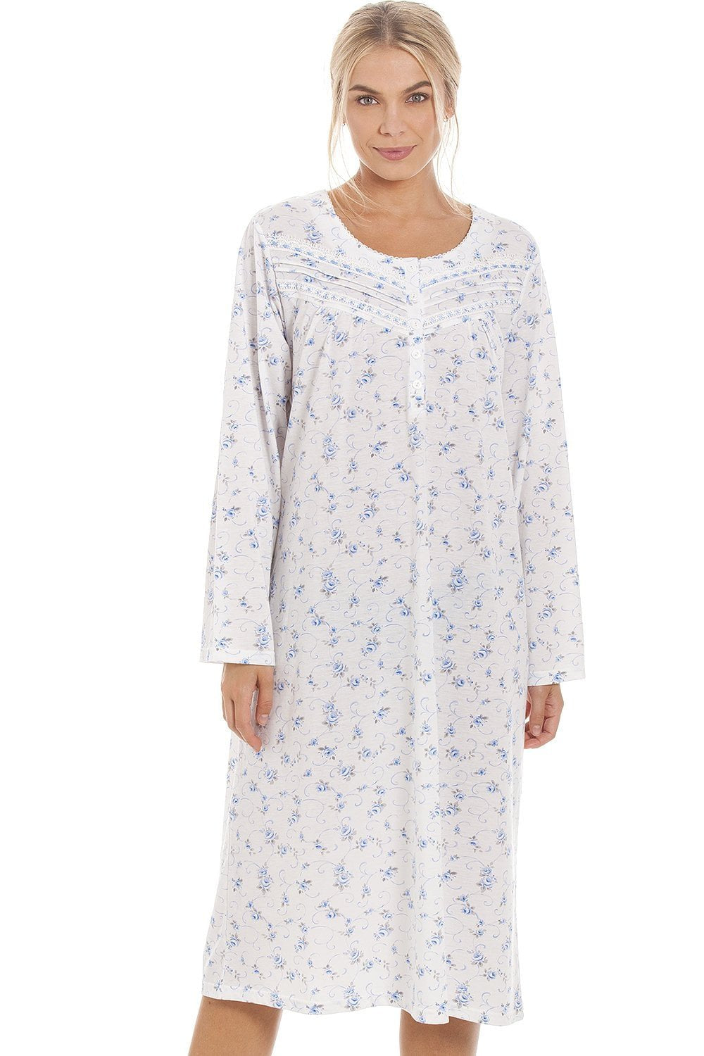 Womens Blue Rose Print Long Sleeve Nightdress