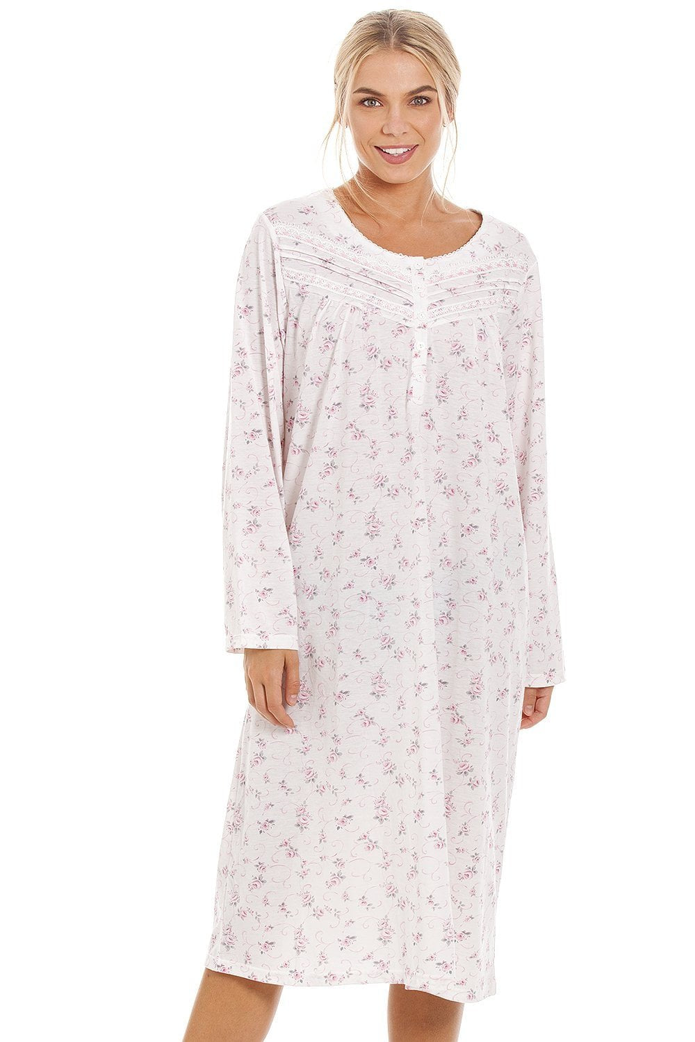 Womens Pink Rose Print Long Sleeve Nightdress