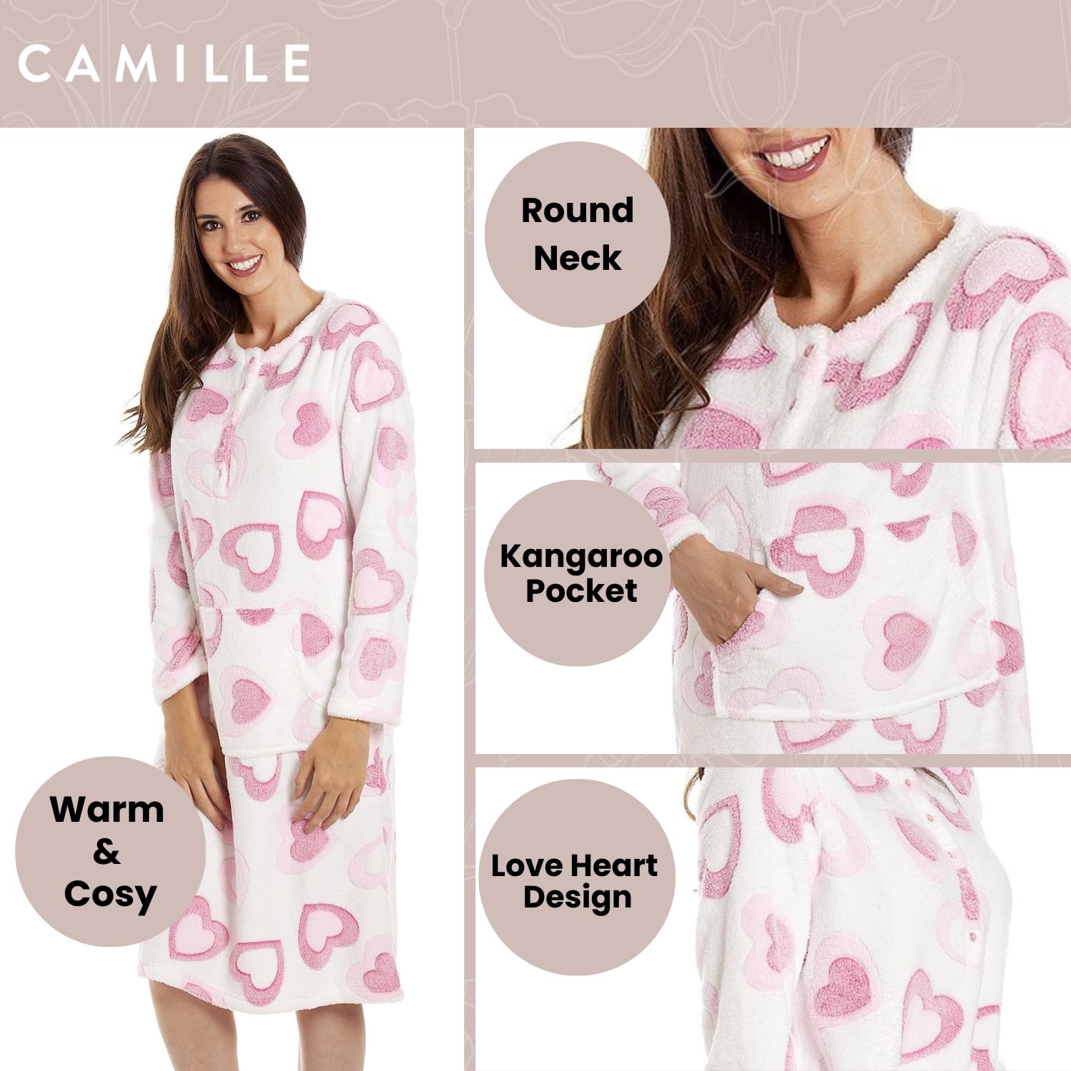 Camille Women's Lounge Dress in White Fleece Pink Heart Print Nightwear