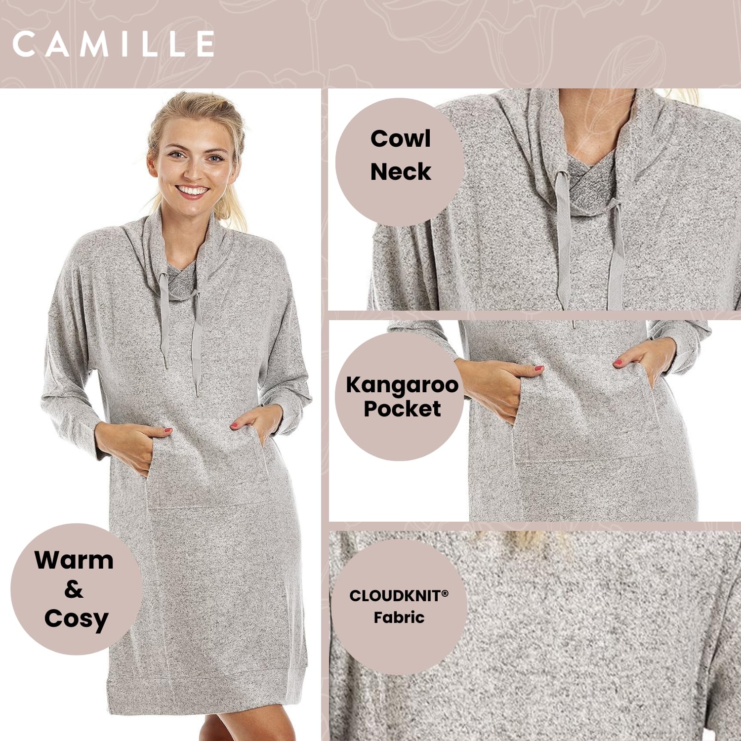 Long Sleeve Cowl Neck Lightweight Knitted Hacci Nightdress