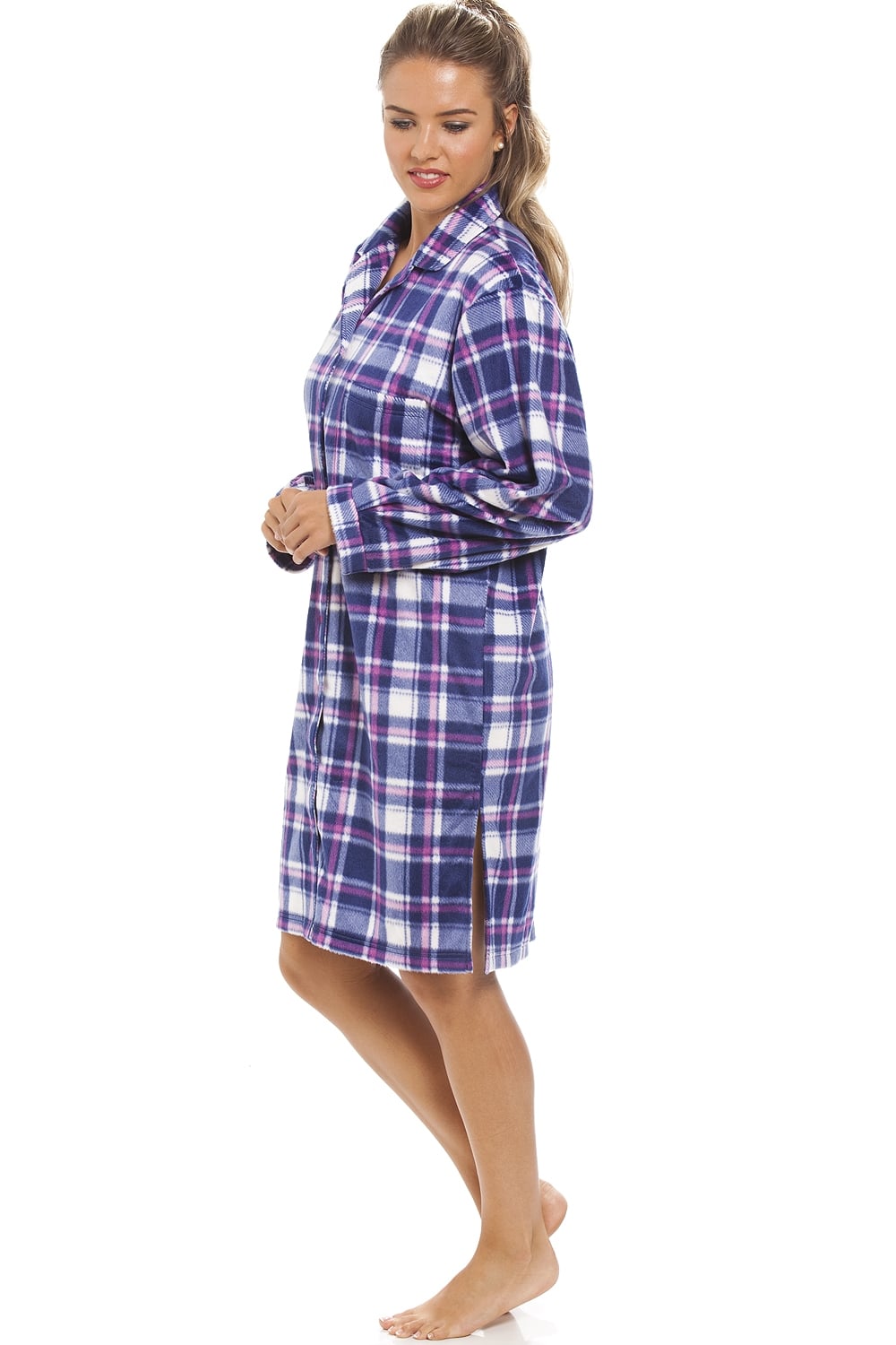 Purple & Navy Checkered Fleece Button Front Nightshirt