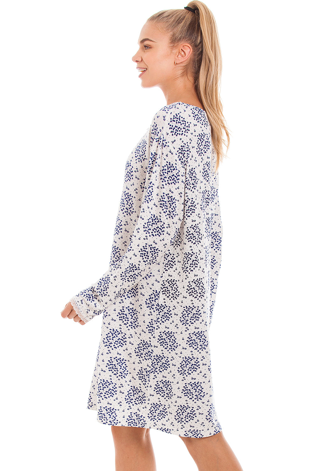 Blue Floral And Leaf Lightweight White Nightdress