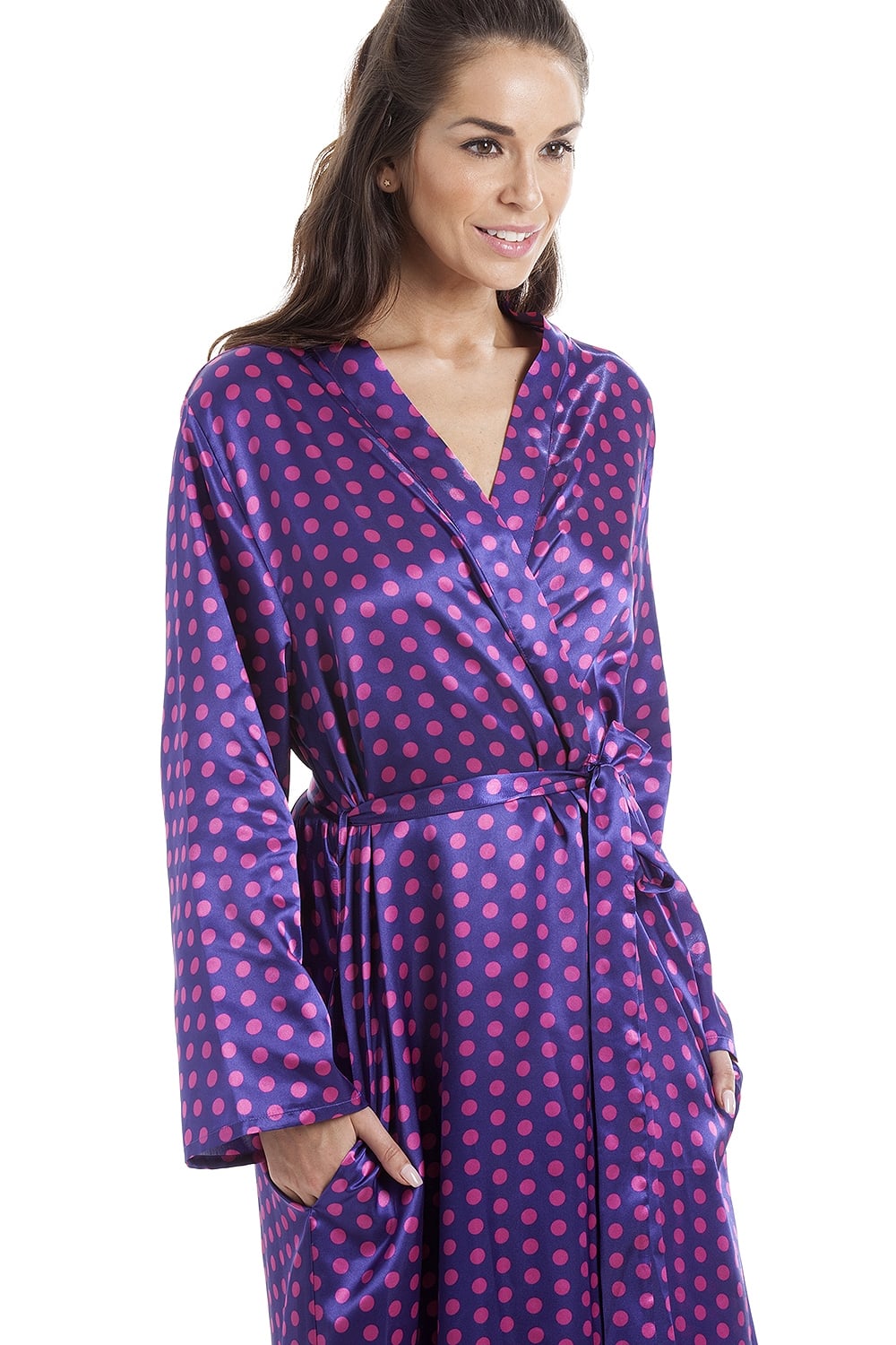 Purple with Pink Polka Dot Luxury Satin Dressing Gown