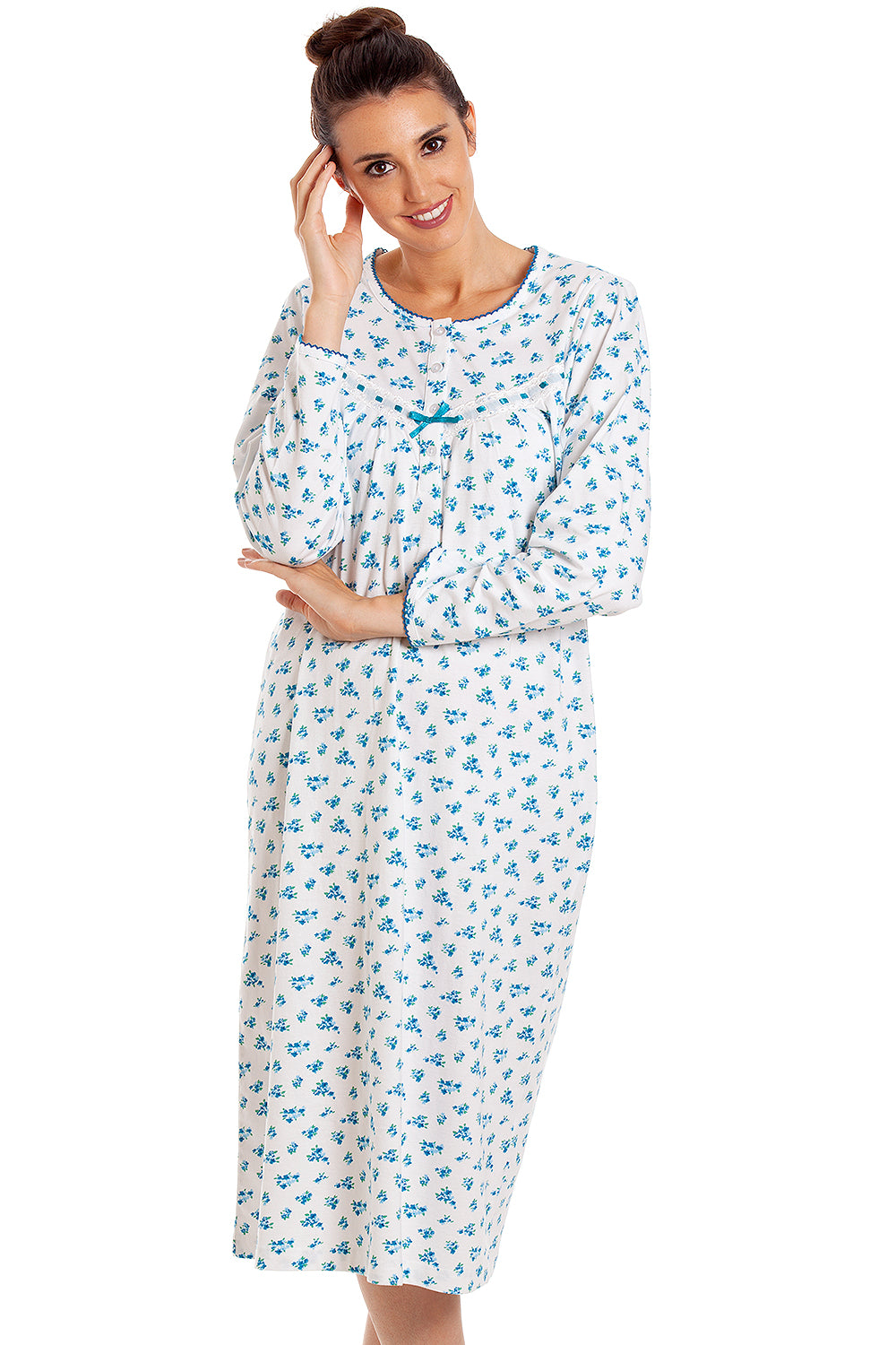 Womens 100% Cotton Long Sleeved Floral Nightdress