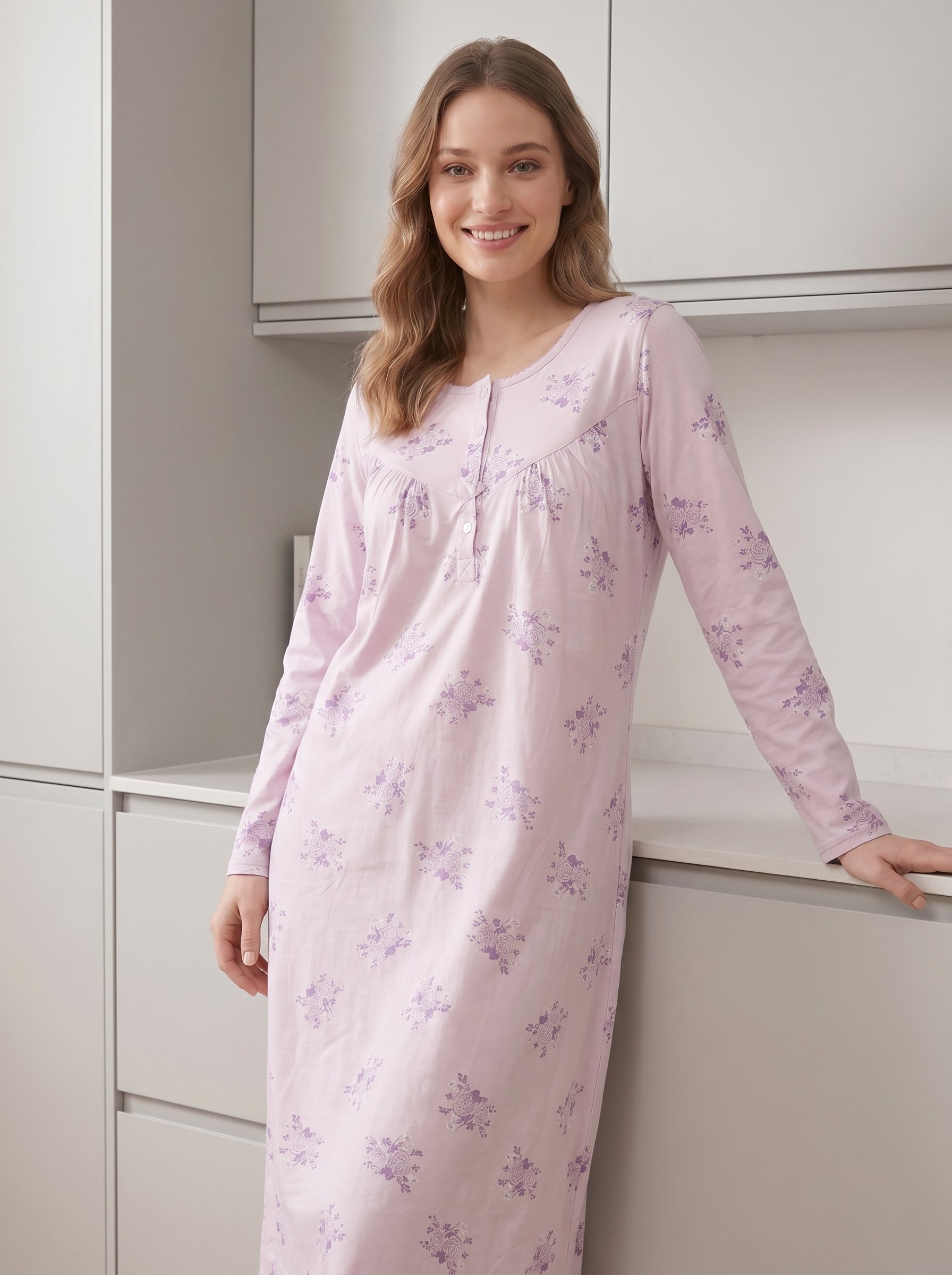 Womens 100% Cotton Classic Floral And Polka Dot Long Sleeved Nightdress