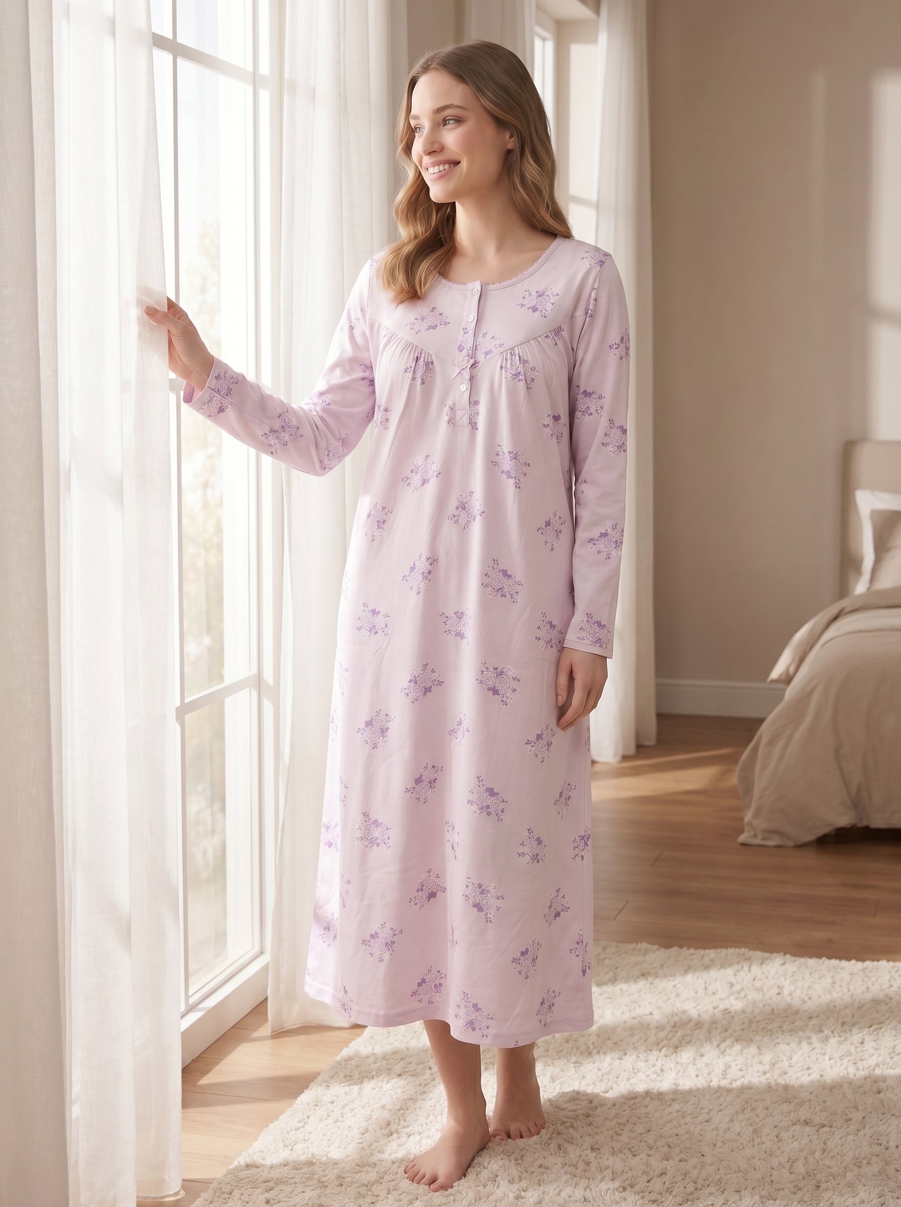 Womens 100% Cotton Classic Floral And Polka Dot Long Sleeved Nightdress