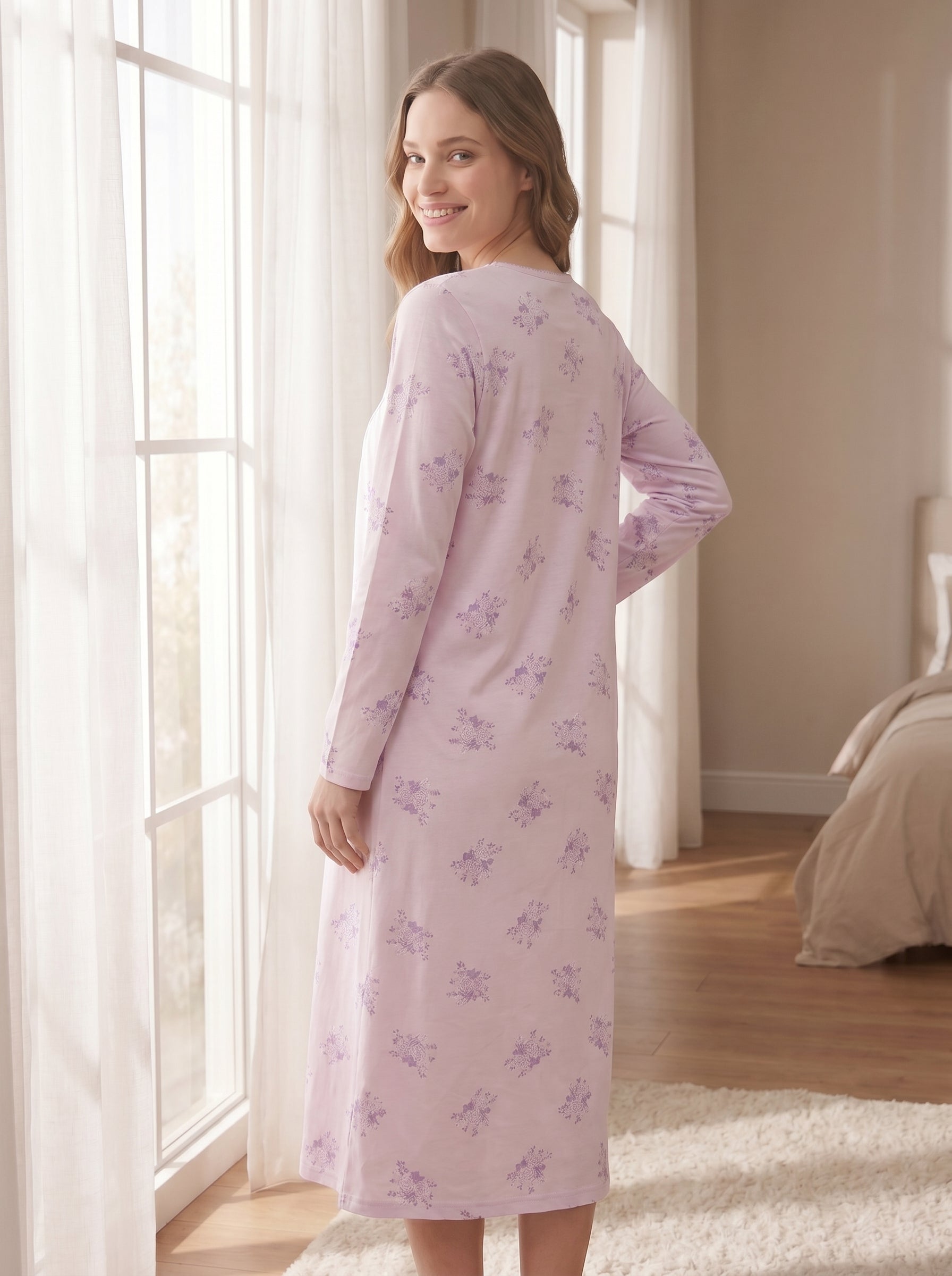 Womens 100% Cotton Classic Floral And Polka Dot Long Sleeved Nightdress