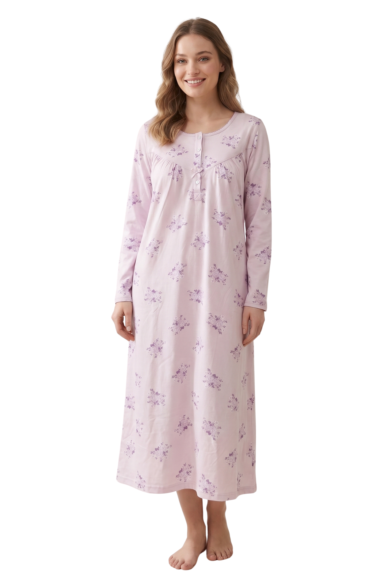 Womens 100% Cotton Classic Floral And Polka Dot Long Sleeved Nightdress