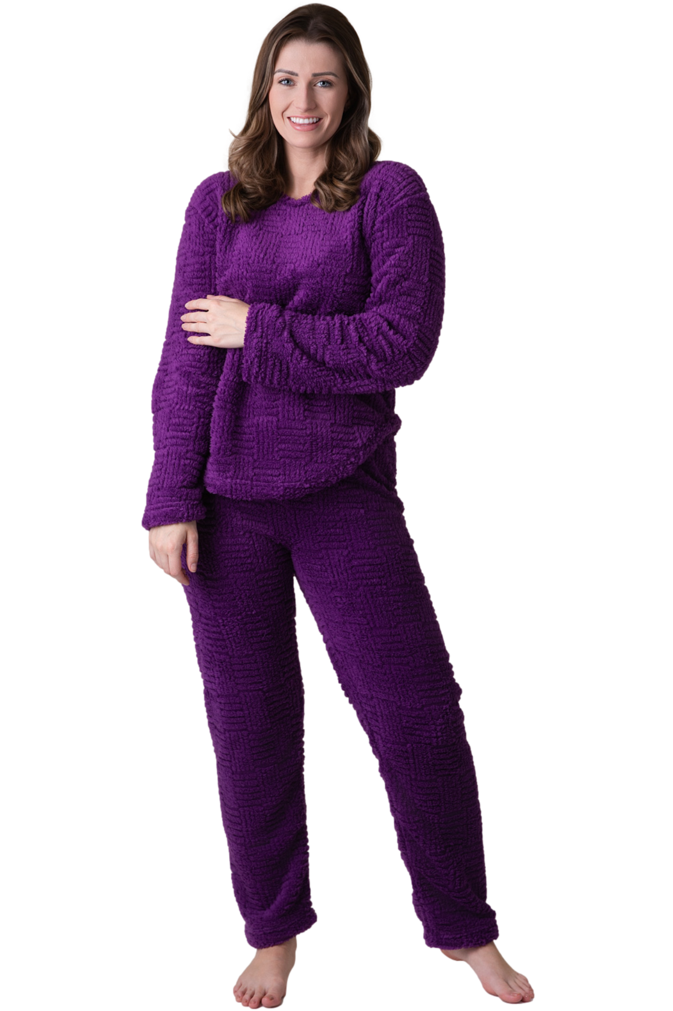 Camille Womens Supersoft Nude Textured Fleece Pyjamas with a Woven Pattern & Rope Detailing
