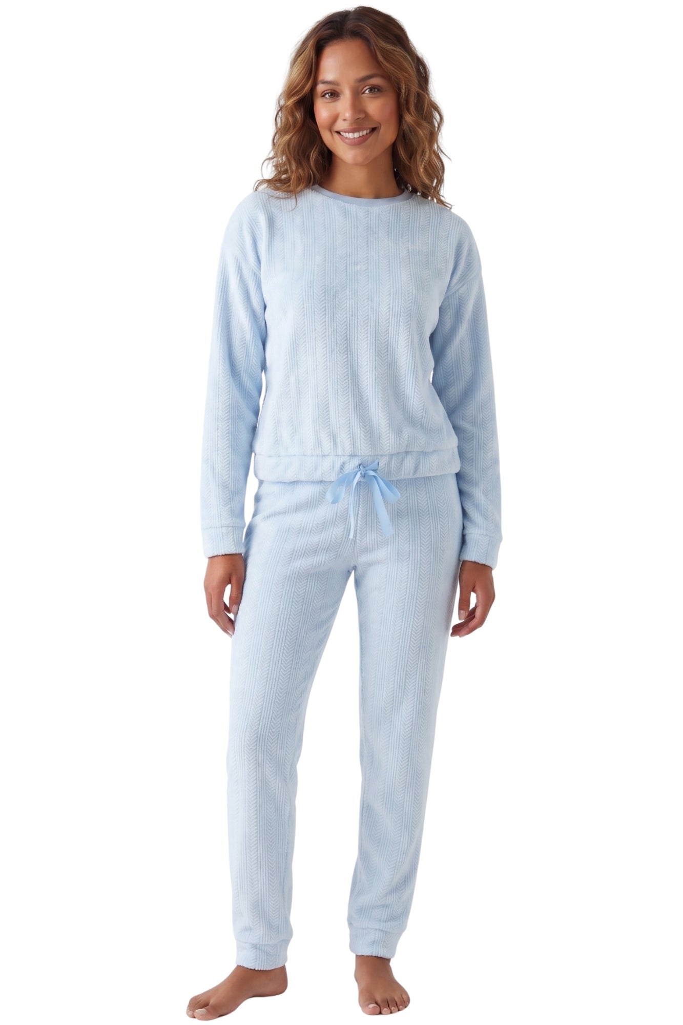 Camille Womens Embossed Flannel Fleece Round Neck 2-Piece Pyjama Set