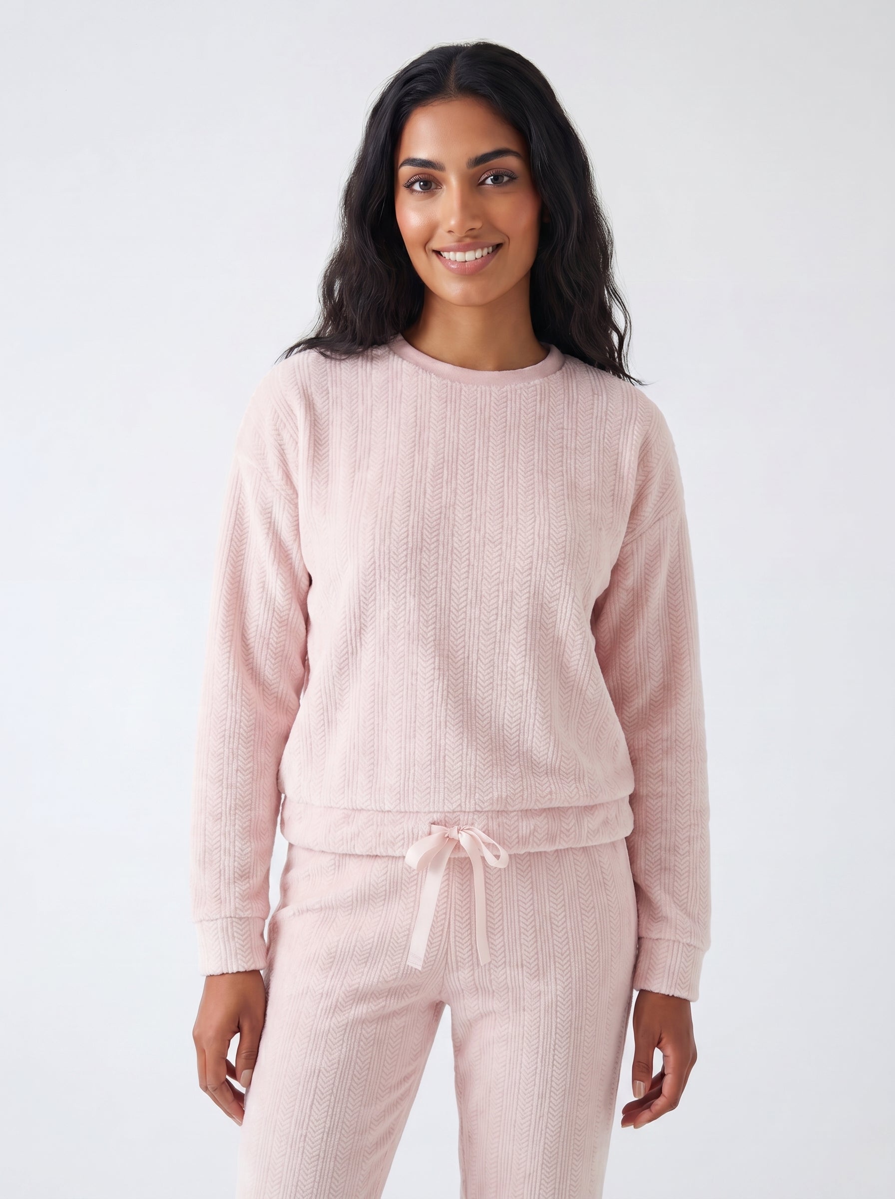 Camille Womens Embossed Flannel Fleece Round Neck 2-Piece Pyjama Set