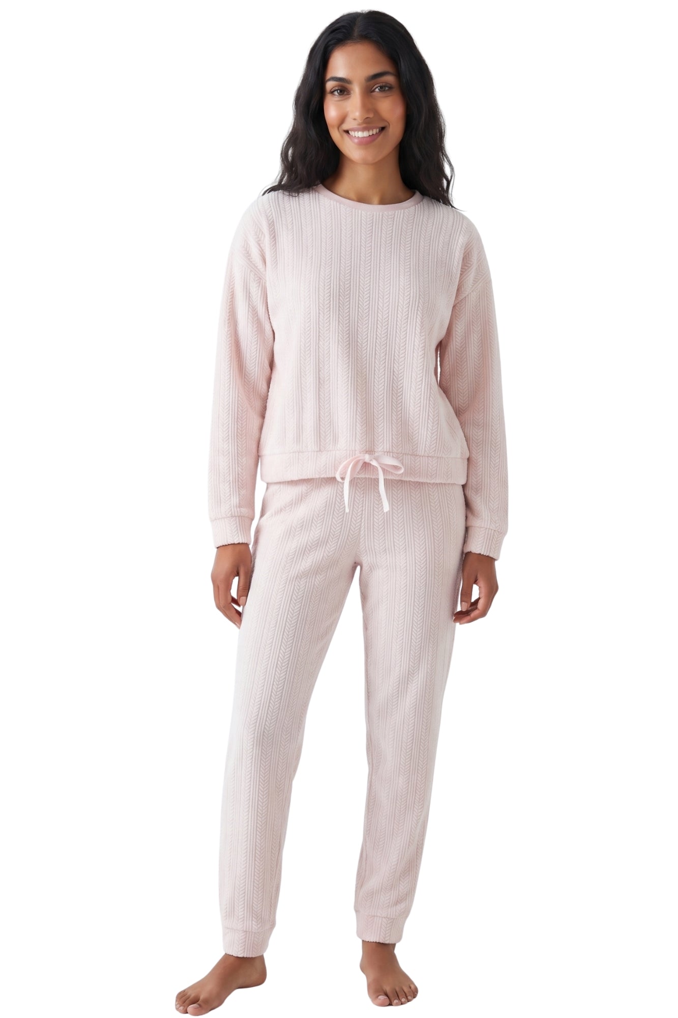 Camille Womens Embossed Flannel Fleece Round Neck 2-Piece Pyjama Set