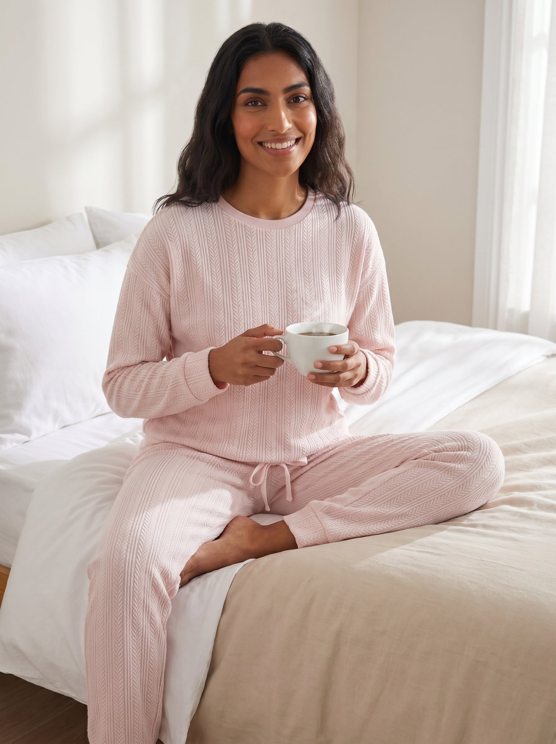 Camille Womens Embossed Flannel Fleece Round Neck 2-Piece Pyjama Set