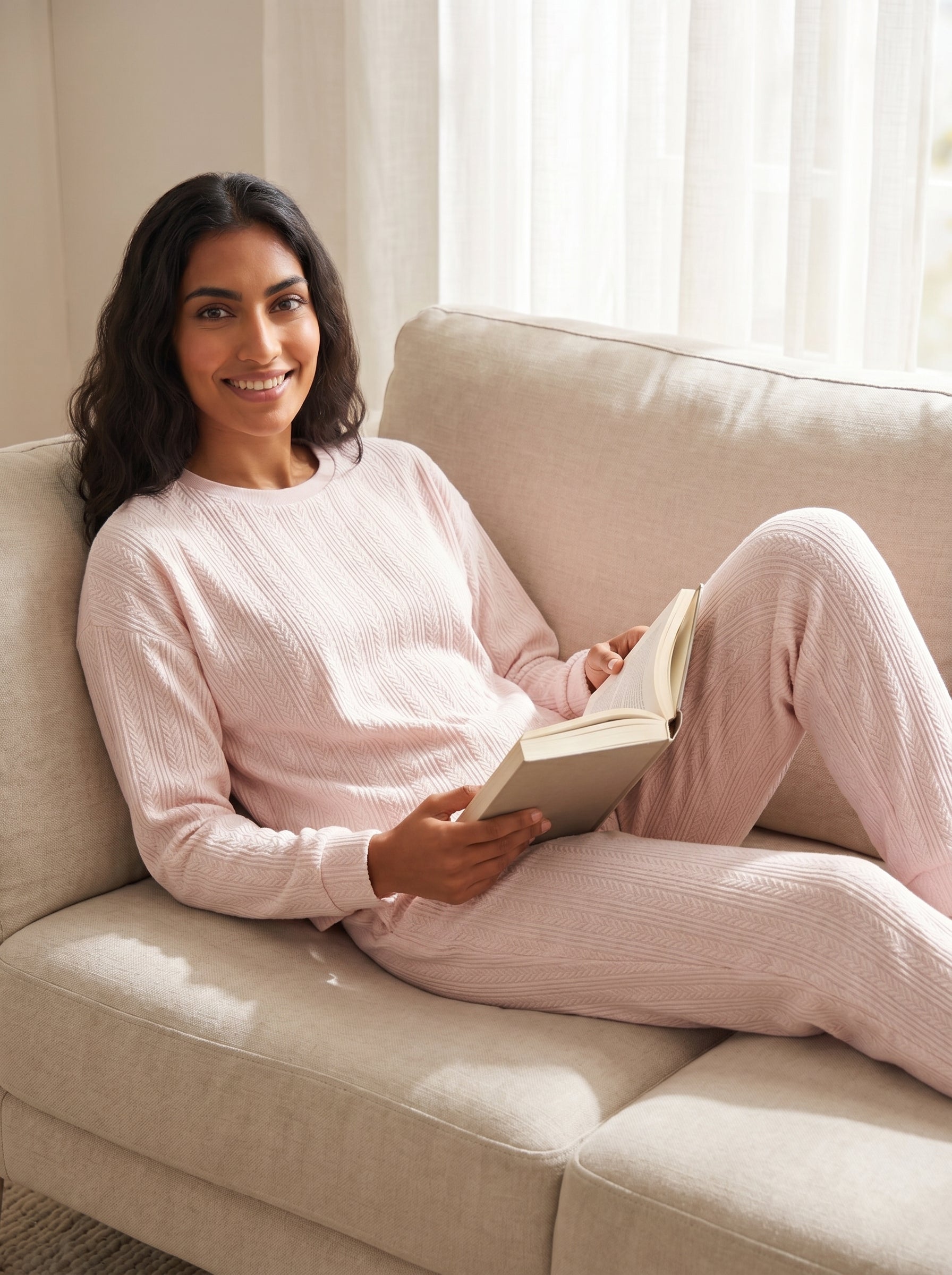 Camille Womens Embossed Flannel Fleece Round Neck 2-Piece Pyjama Set