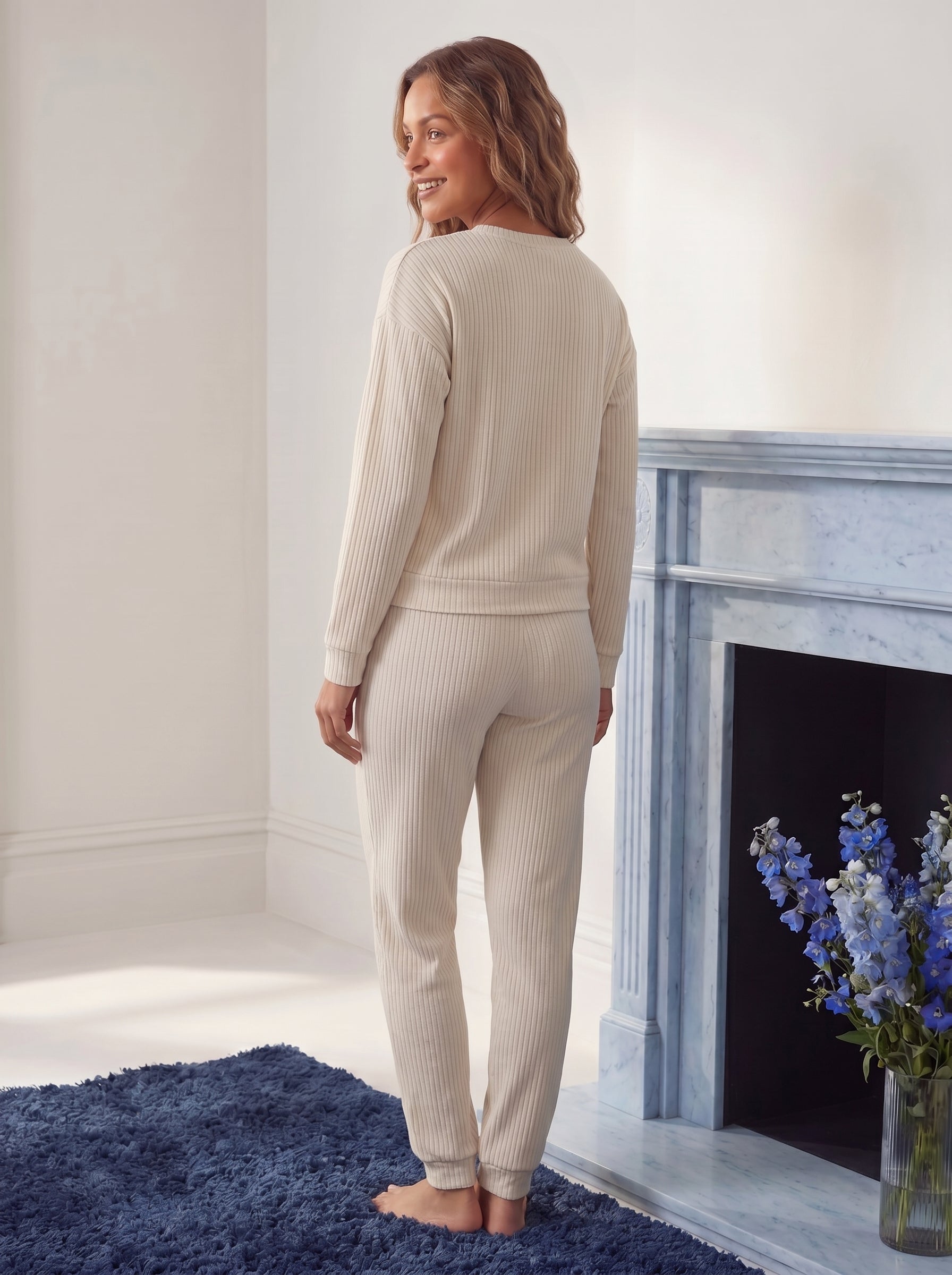 Camille Womens Ribbed Jacquard Velvet Fleece Pyjama Set