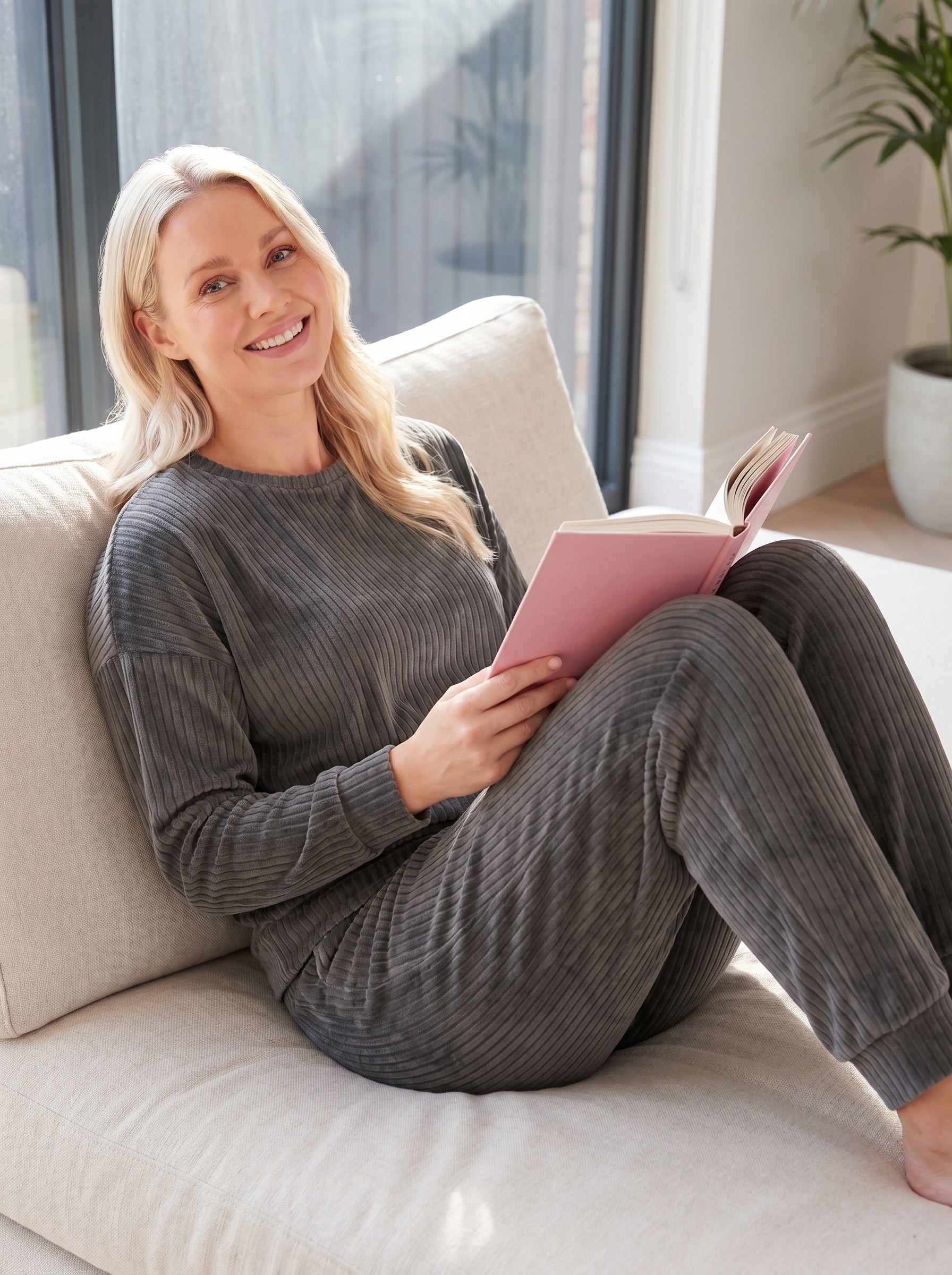 Camille Womens Ribbed Jacquard Velvet Fleece Pyjama Set