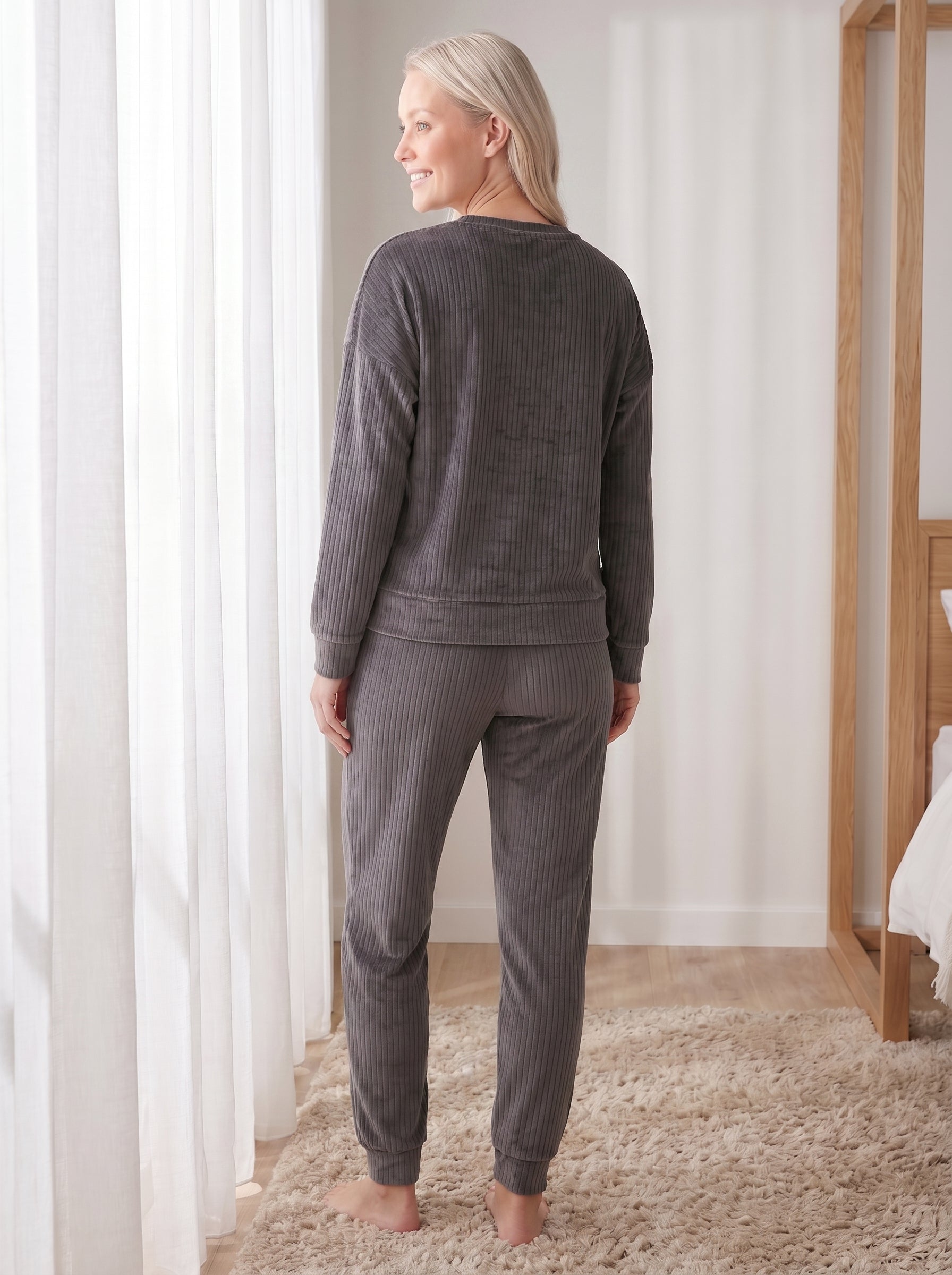 Camille Womens Ribbed Jacquard Velvet Fleece Pyjama Set