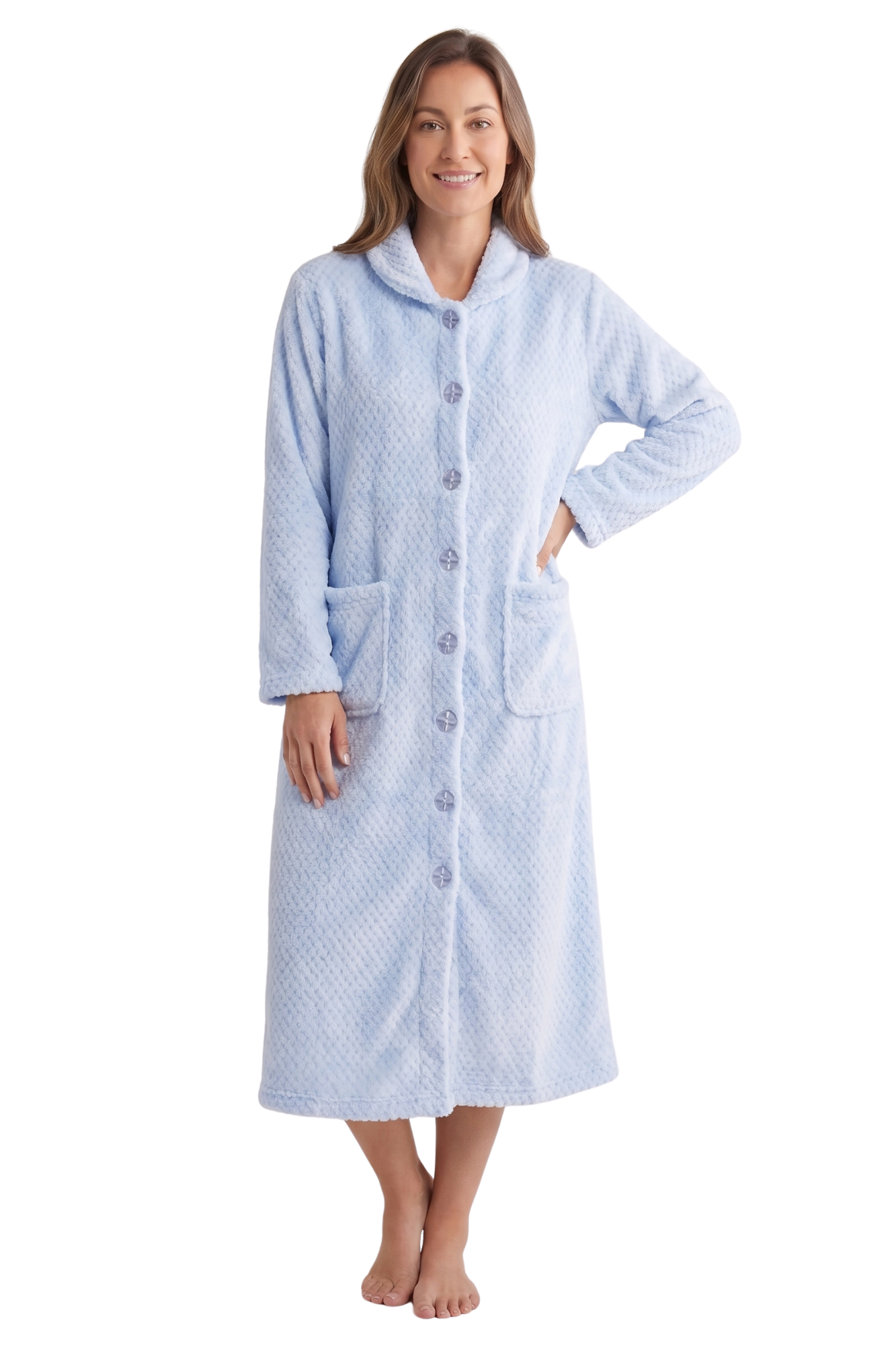 Camille Womens Supersoft Popcorn Textured Fleece Button Up Housecoat