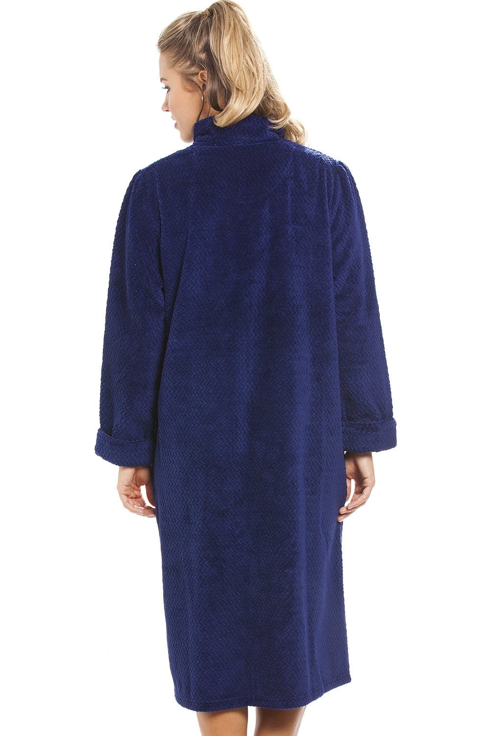 Womens Soft Fleece Navy Blue Zip Front Housecoat