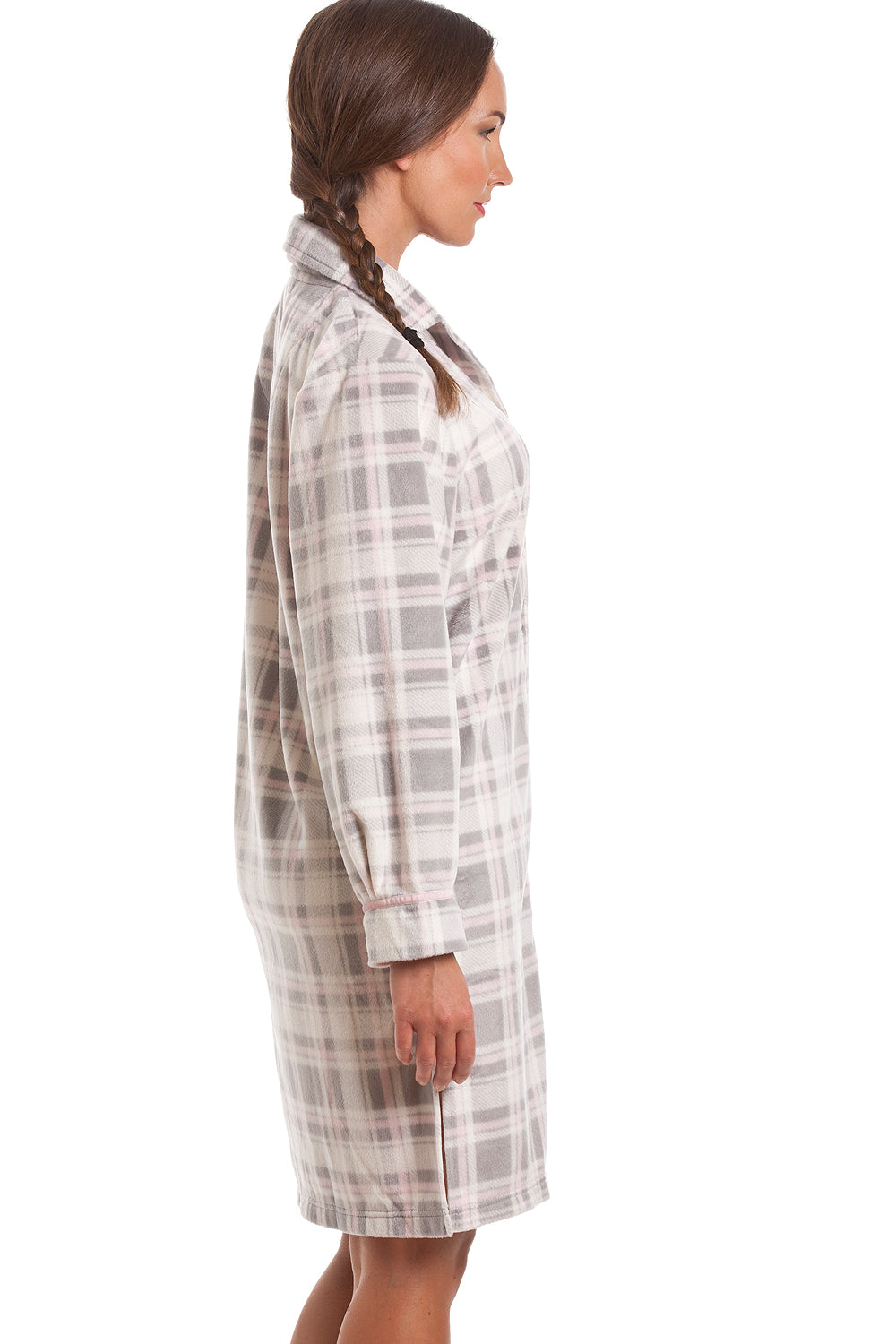 Camille Women's Button Front Nightshirt in Grey Check Fleece Nightwear