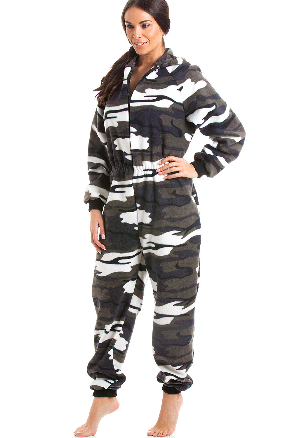 Camille Womens Super Soft Fleece Snow Camoflauge Onesie