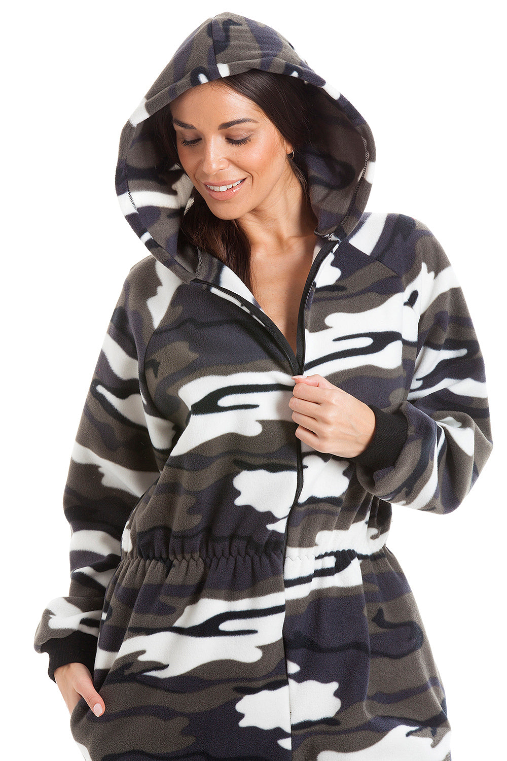 Camille Womens Super Soft Fleece Snow Camoflauge Onesie