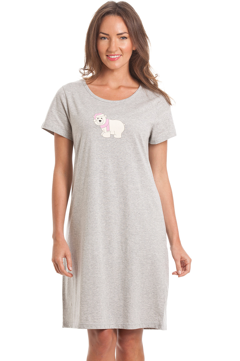Womens Soft 100% Cotton Short Sleeve Knee Length Polar Bear Print Nightshirts