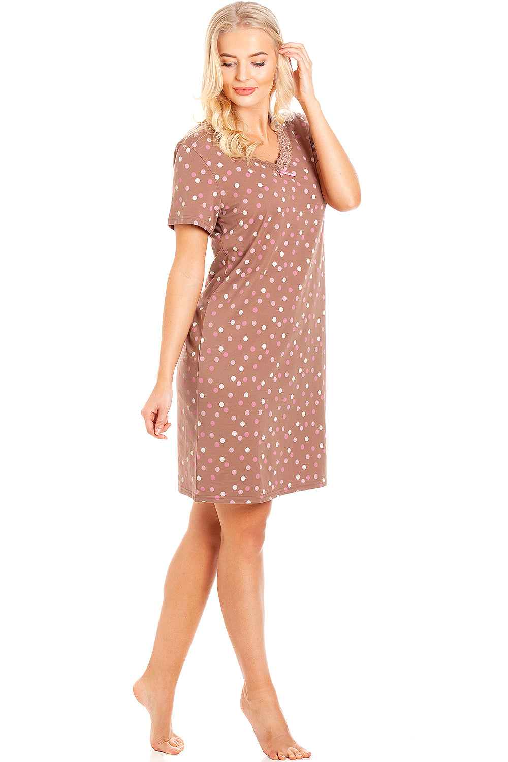 Womens Soft 100% Cotton Short Sleeve Knee Length Polka Dot Nightshirts