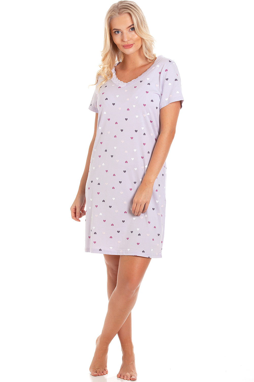 Womens Soft 100% Cotton Short Sleeve Knee Length Heart Print Nightshirts