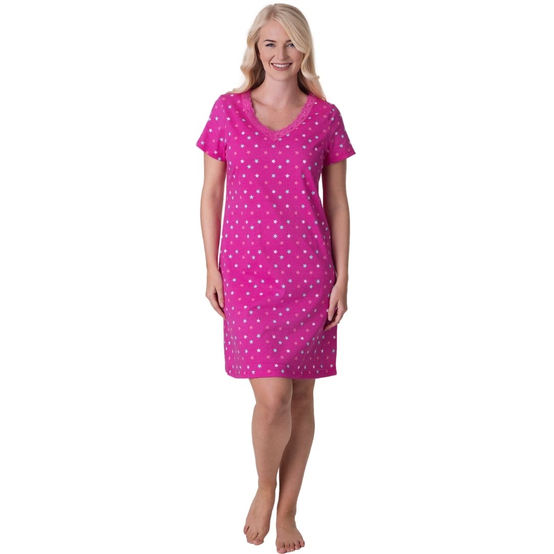 Womens Soft 100% Cotton Short Sleeve Knee Length Star Print Nightshirts