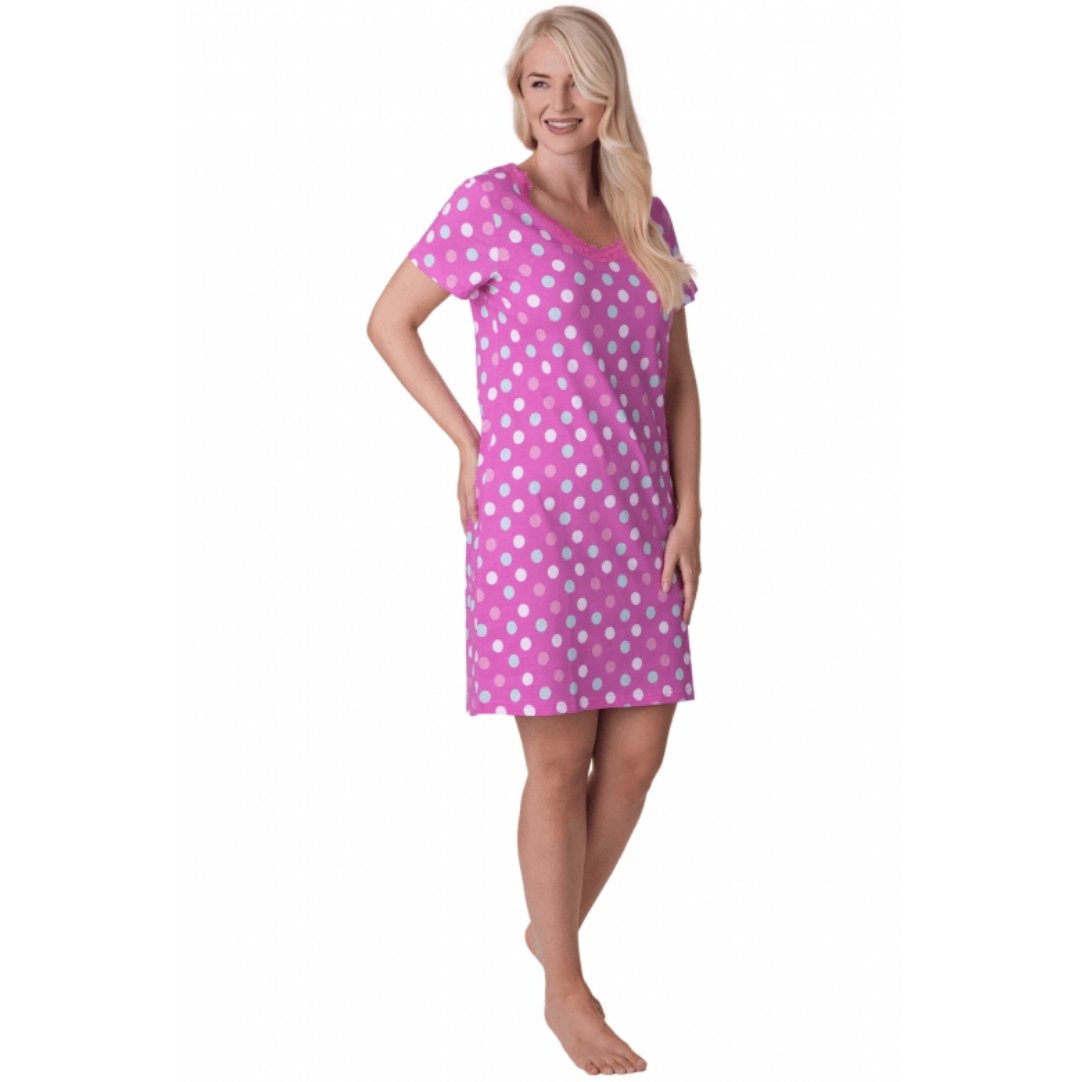 Womens Soft 100% Cotton Short Sleeve Knee Length Polka Dot Nightshirts