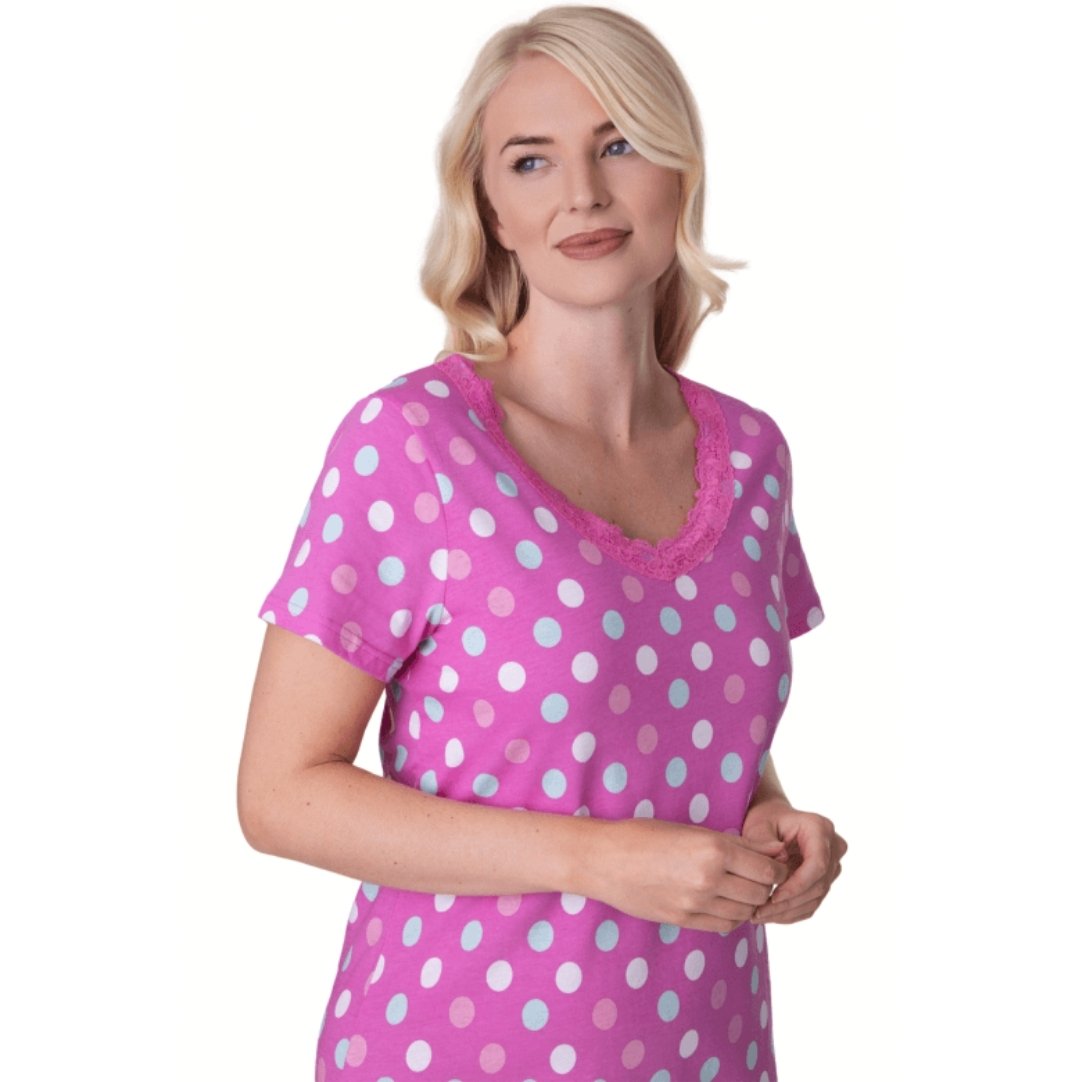 Womens Soft 100% Cotton Short Sleeve Knee Length Polka Dot Nightshirts