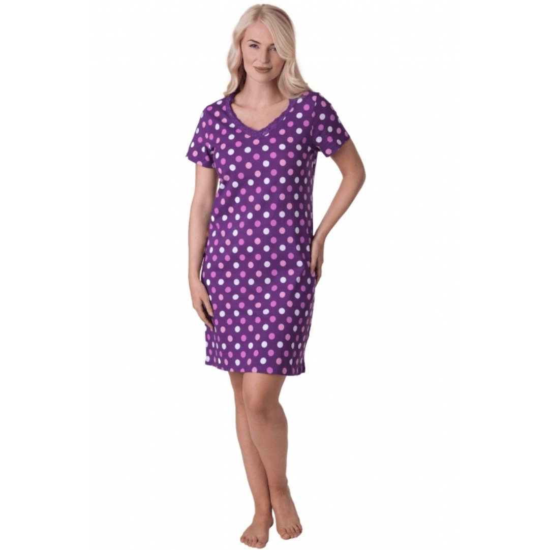 Womens Soft 100% Cotton Short Sleeve Knee Length Polka Dot Nightshirts