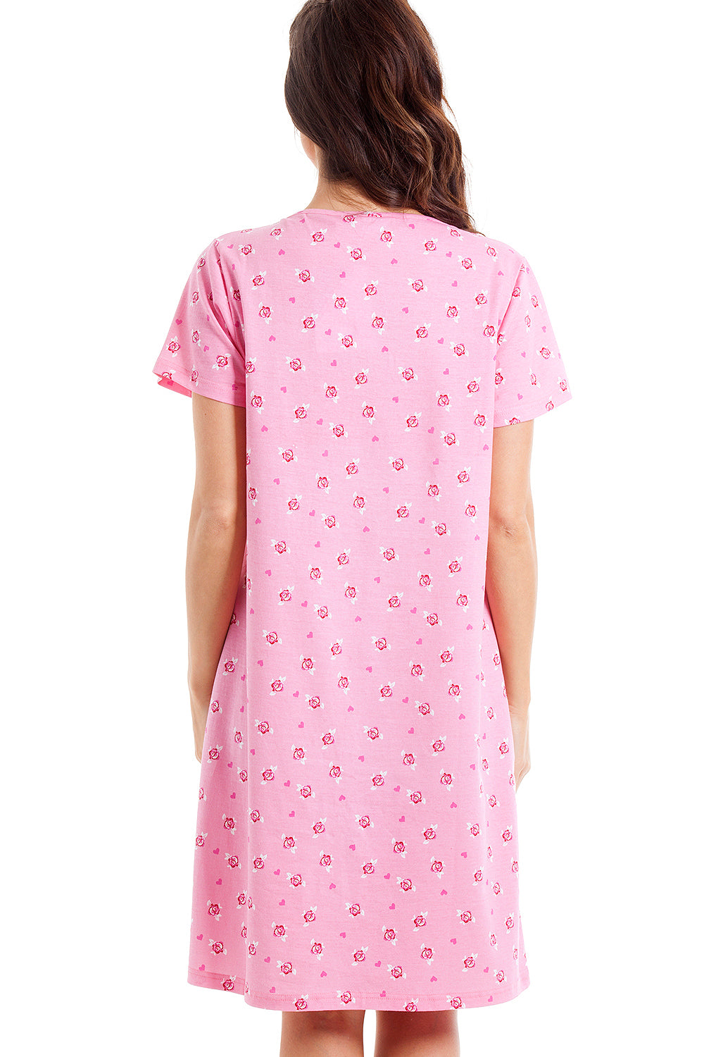 Pink Floral And Heart Print Light Pink Cotton Nightdress