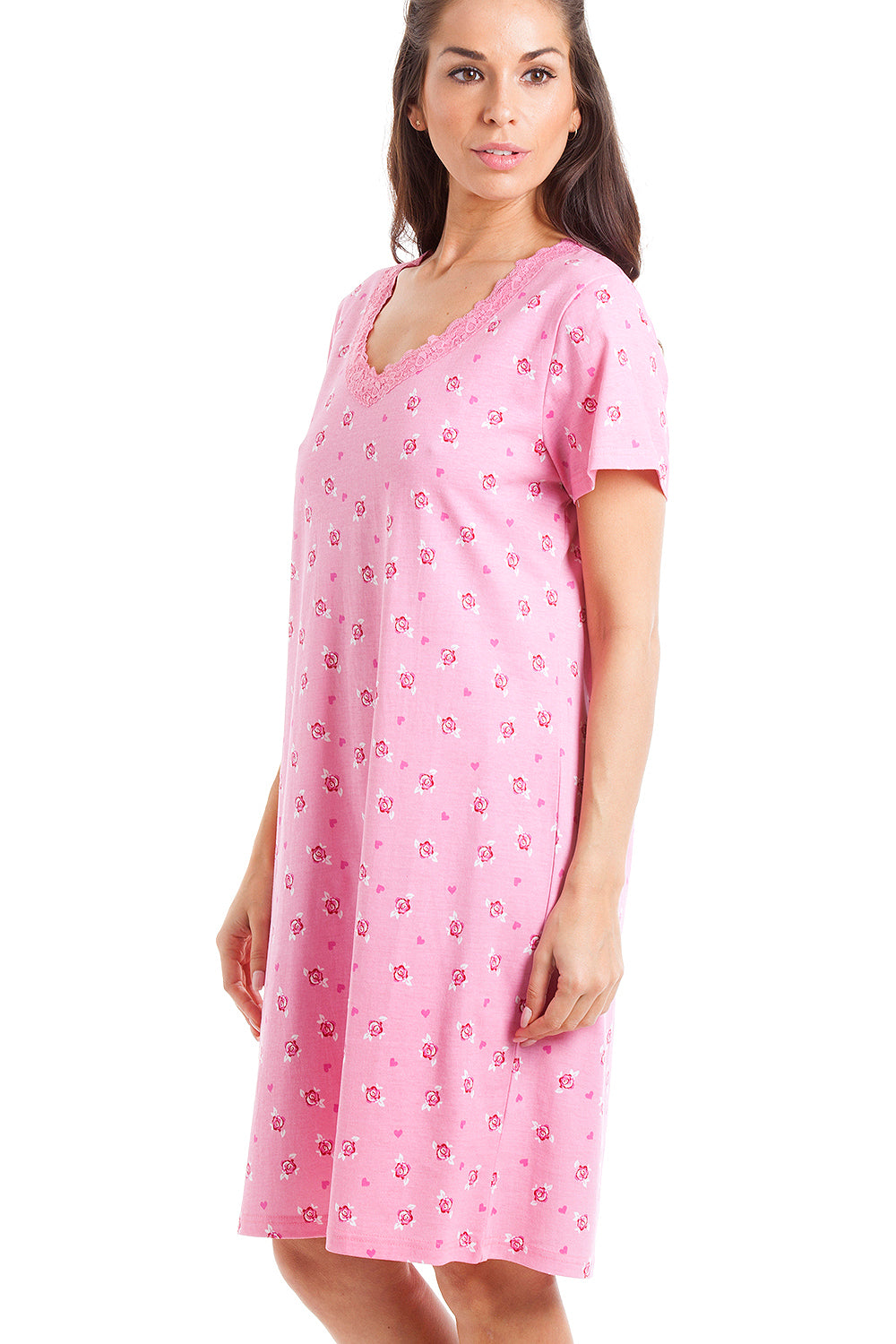 Pink Floral And Heart Print Light Pink Cotton Nightdress