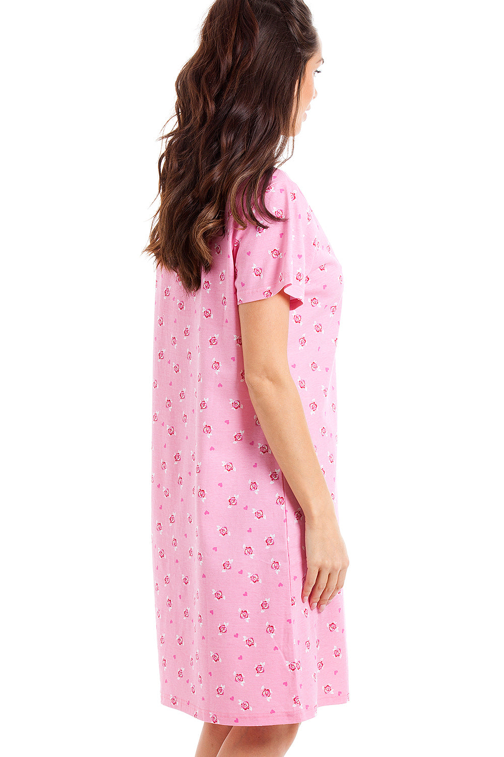 Pink Floral And Heart Print Light Pink Cotton Nightdress