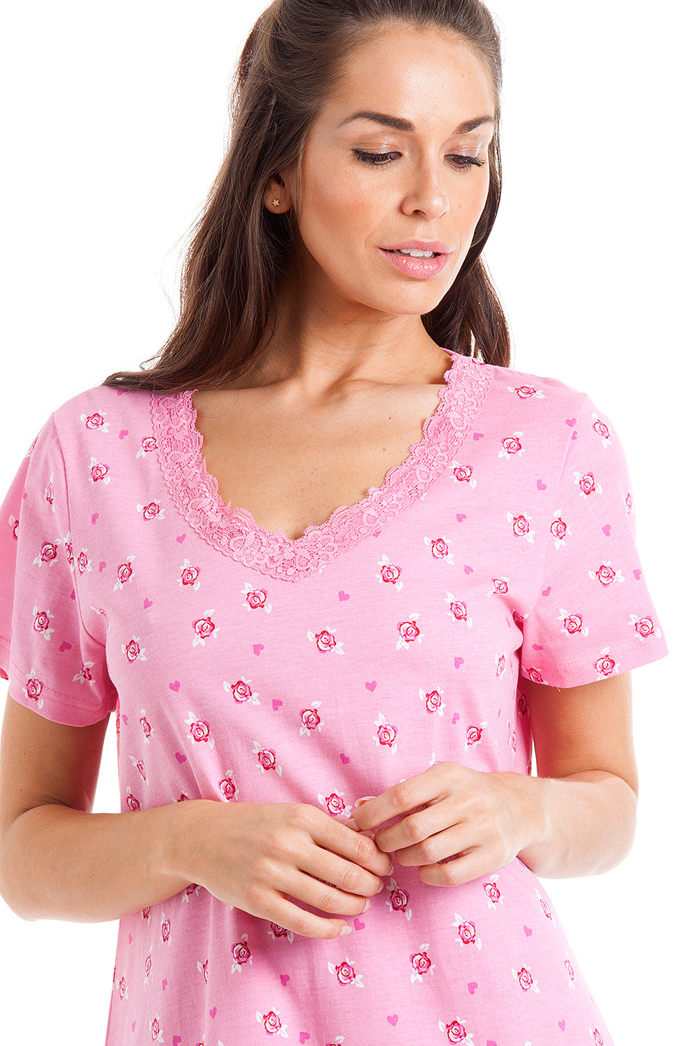 Pink Floral And Heart Print Light Pink Cotton Nightdress