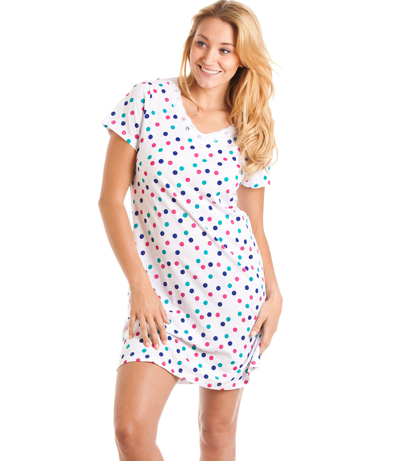 Womens Soft 100% Cotton Short Sleeve Knee Length Polka Dot Nightshirts