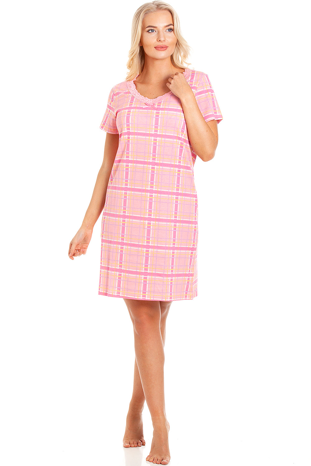 Womens Soft 100% Cotton Short Sleeve Knee Length Checkered Nightshirts
