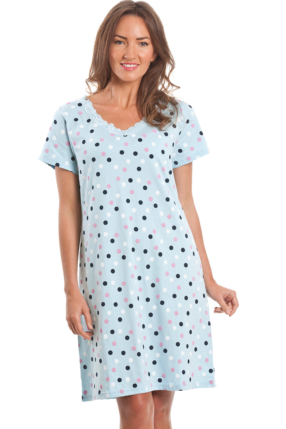 Womens Soft 100% Cotton Short Sleeve Knee Length Polka Dot Nightshirts
