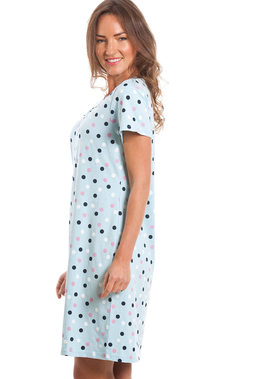 Womens Soft 100% Cotton Short Sleeve Knee Length Polka Dot Nightshirts