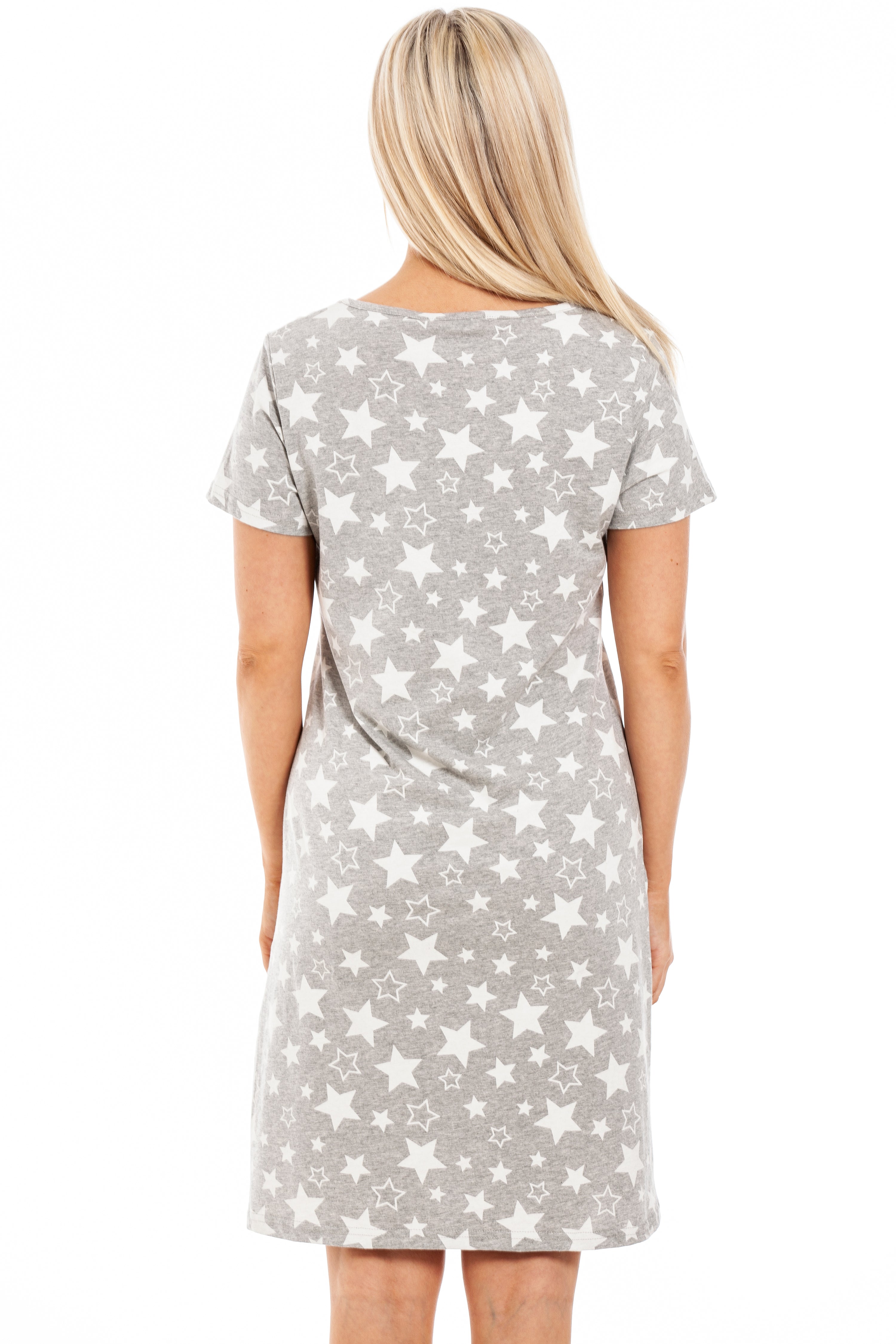 Womens Soft 100% Cotton Short Sleeve Knee Length Star Print Nightshirts