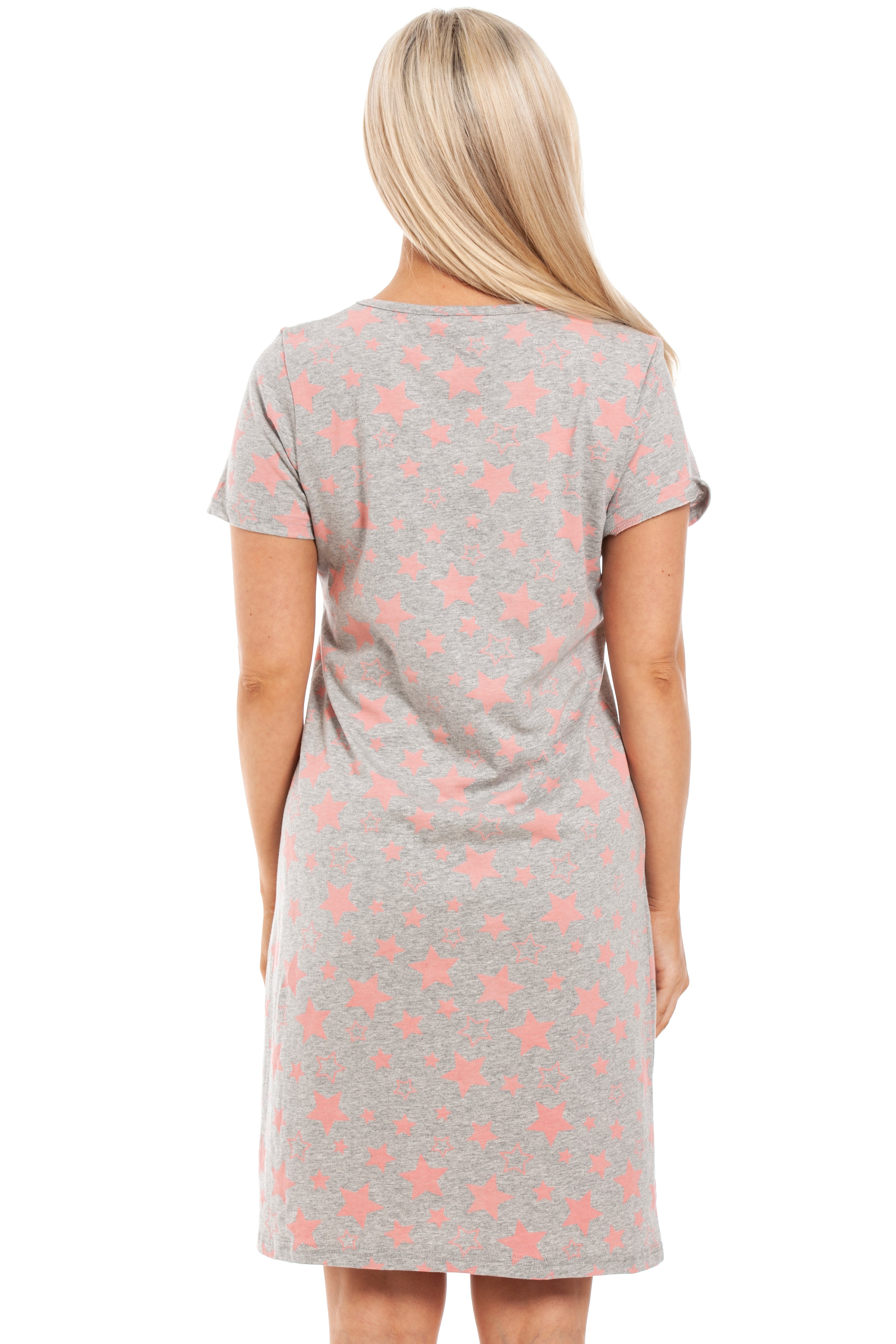 Womens Soft 100% Cotton Short Sleeve Knee Length Star Print Nightshirts