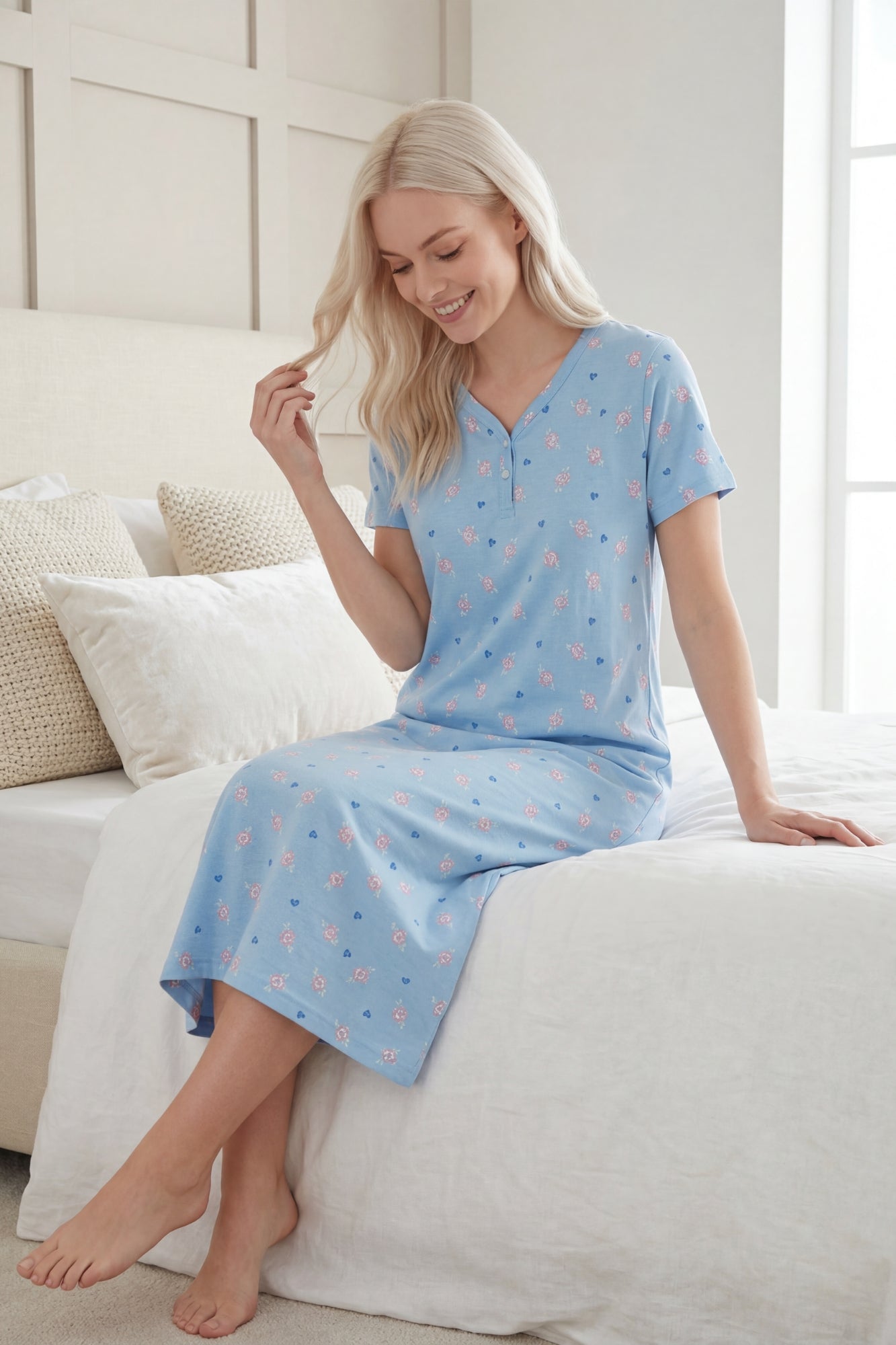 Womens 100% Organic Cotton Classic Full Length Short Sleeved Nightdress